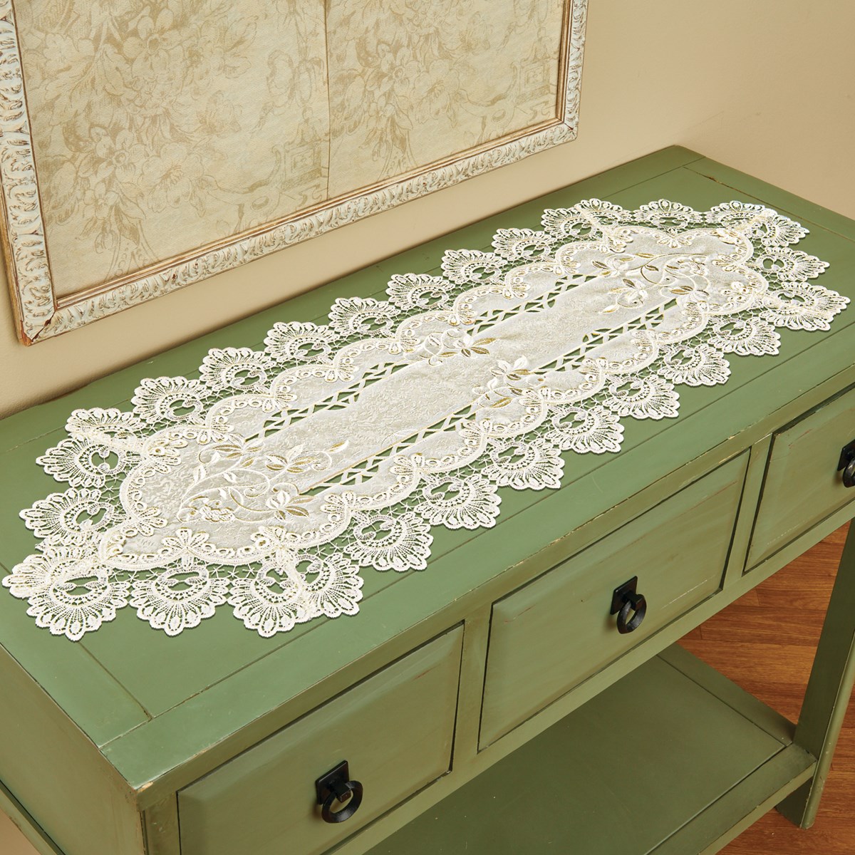 Lovely Embroidered Vintage White Lace Dresser Scarf Collections Etc.