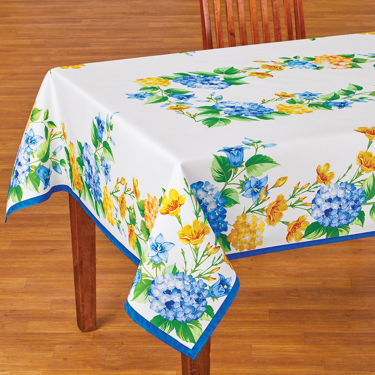 Hydrangea & Yellow Flowers Printed White Tablecloth Collections Etc.