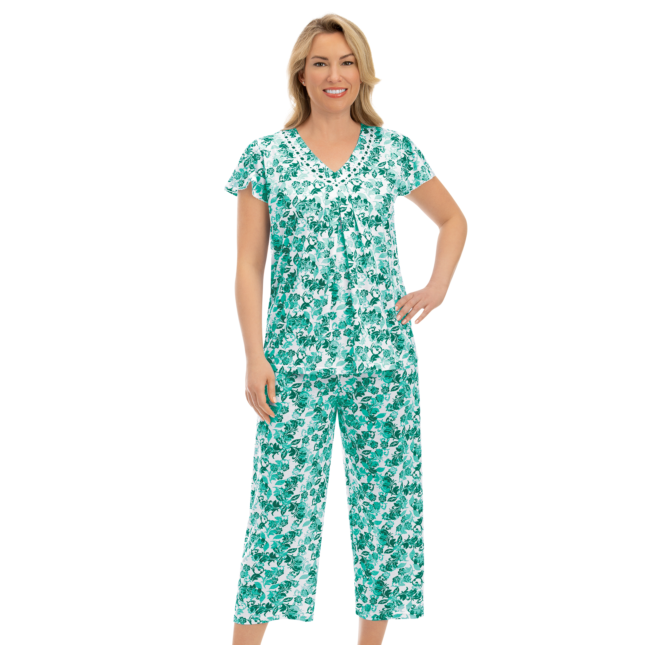 Women's Stylish 2-Piece Knit Floral Print Capri Pajama Set Green XX-Large