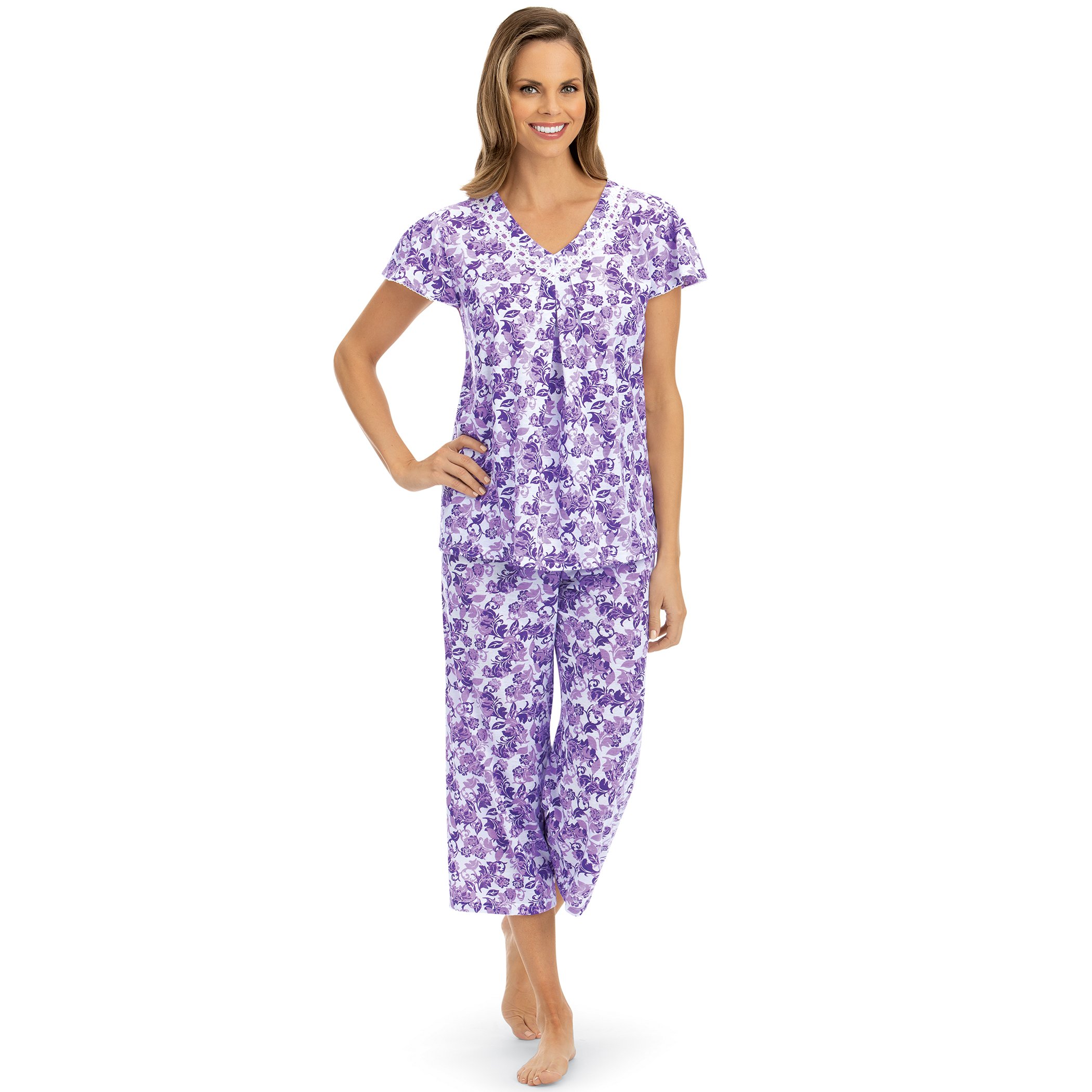 Stylish 2-Piece Knit Floral Print Capri Pajama Set, Purple, X-Large