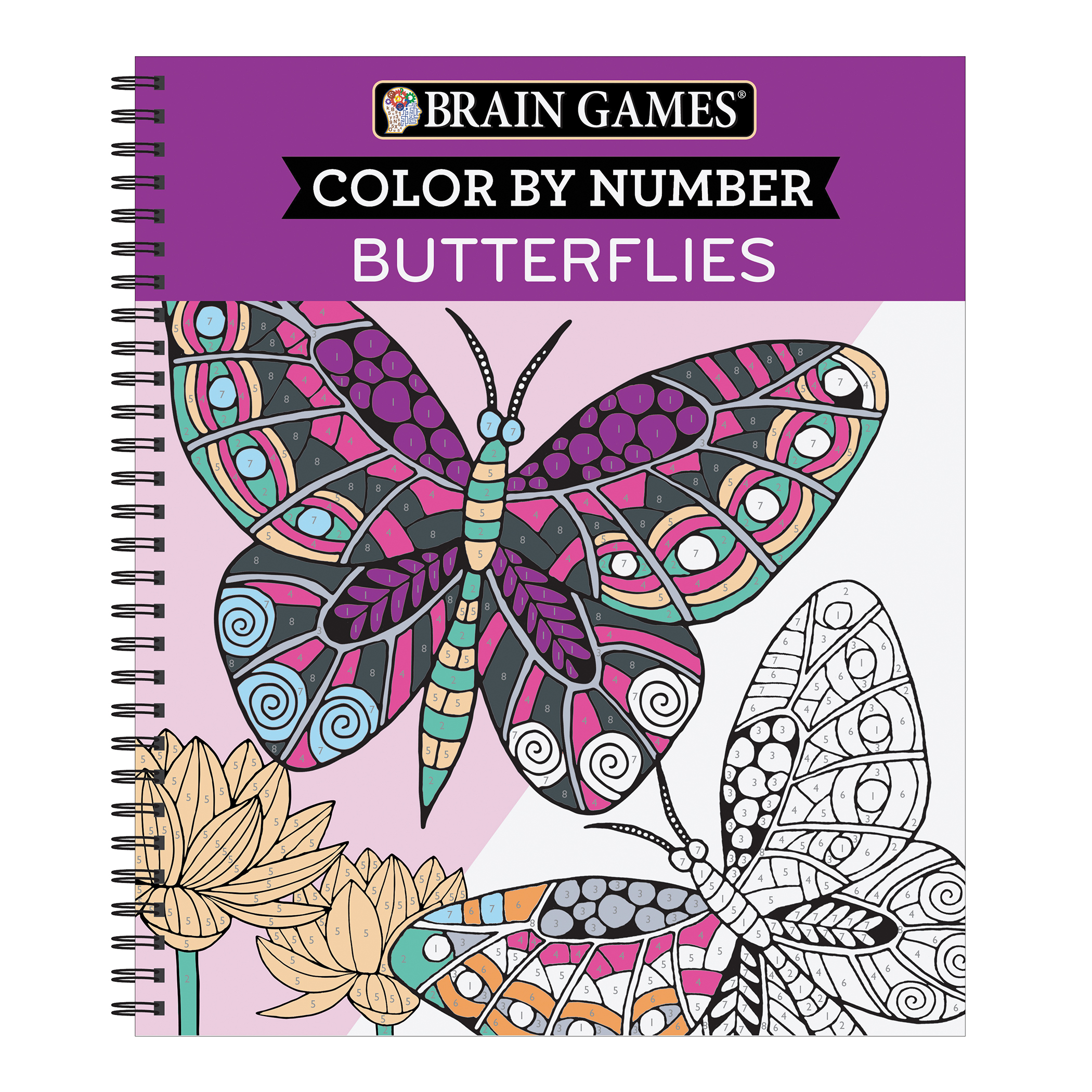 Brain Games Color By Number Butterflies Spiral Activity Book | Color Key Swatch Palette | Spiral-Bound | 27 Butterfly Images | 64 Page