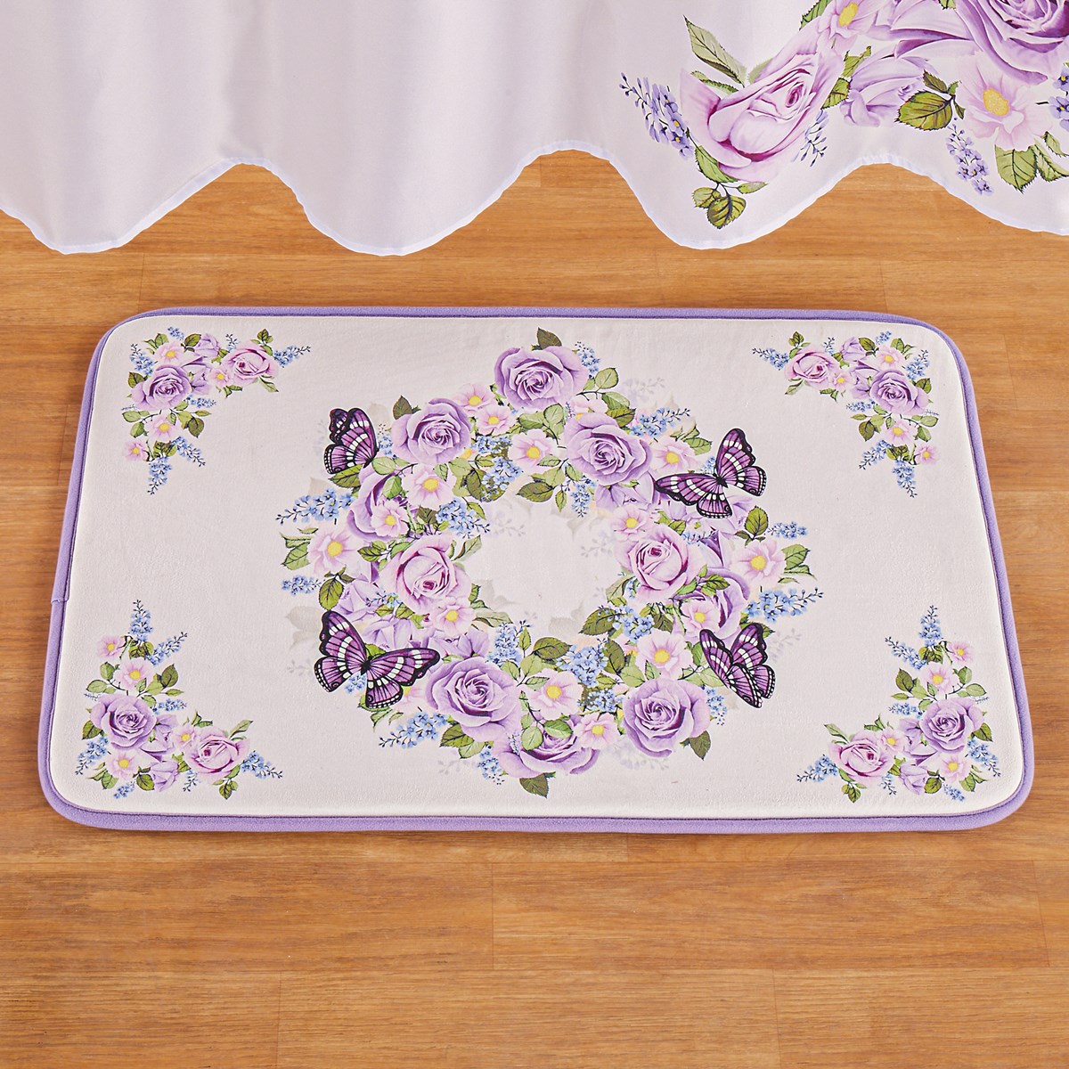 Lavender Floral Butterfly Wreath Bathroom Mat Collections Etc.