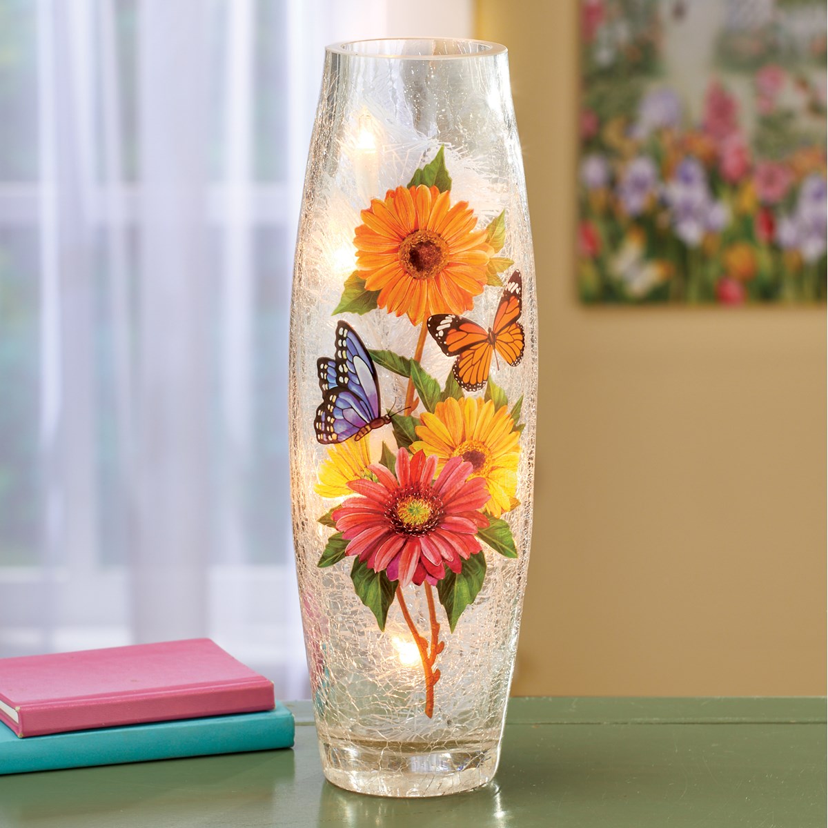 Daisy Butterfly Crackled Glass Tabletop Hurricane Lamp Collections Etc.