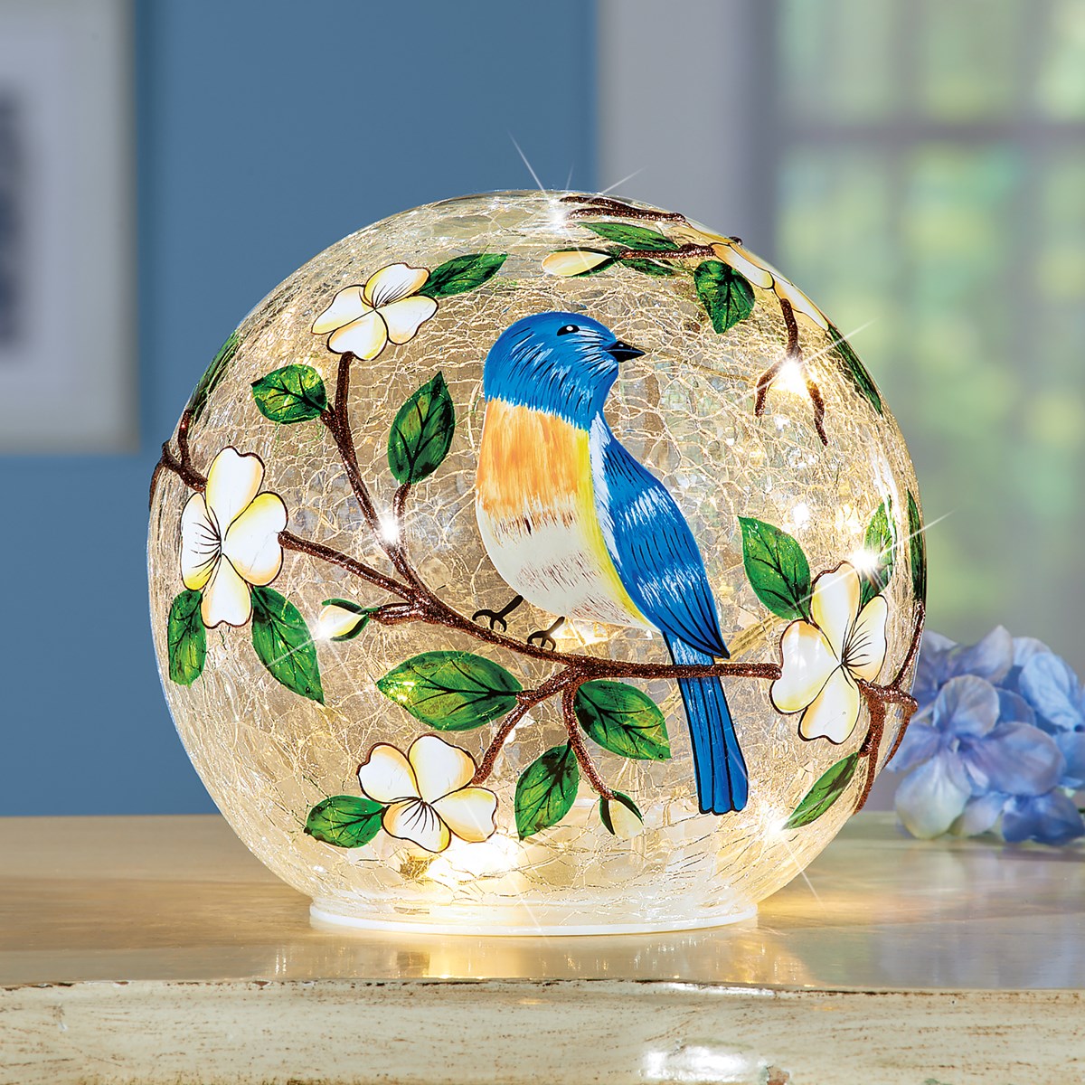 LED Lighted Blue Bird Tabletop Crackle Glass Ball Collections Etc.