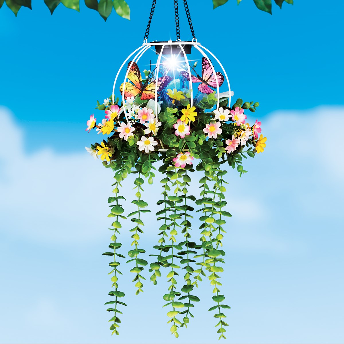 Solar Hanging White Metal Cage Artificial Flower Pot Collections Etc.
