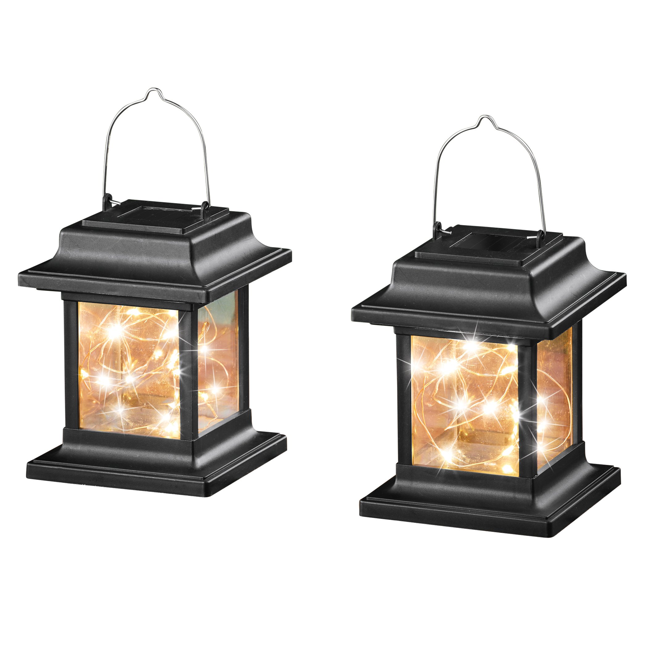 Solar String Light Lanterns with Hanging Hooks - Set of 2 4.25 X 4.25 X 5.25 Black