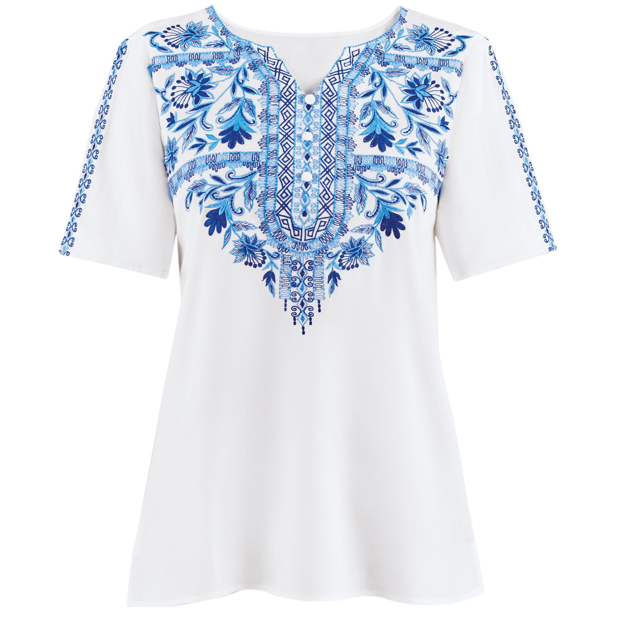 Women's Embroidered Henley Short Sleeve Button Woven Top Blue X-Large