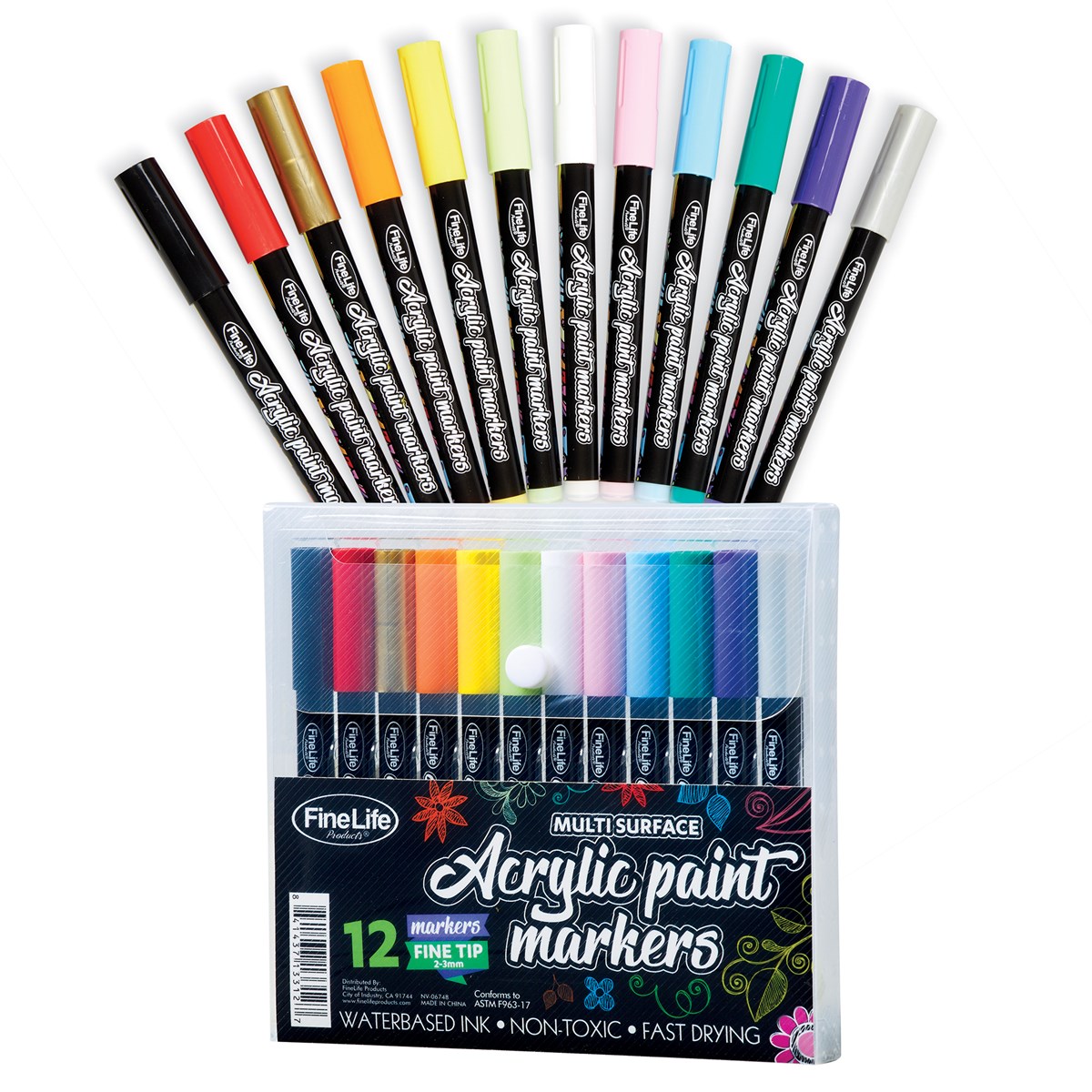 Fine Tip Colored Acrylic Paint Markers - Set of 12