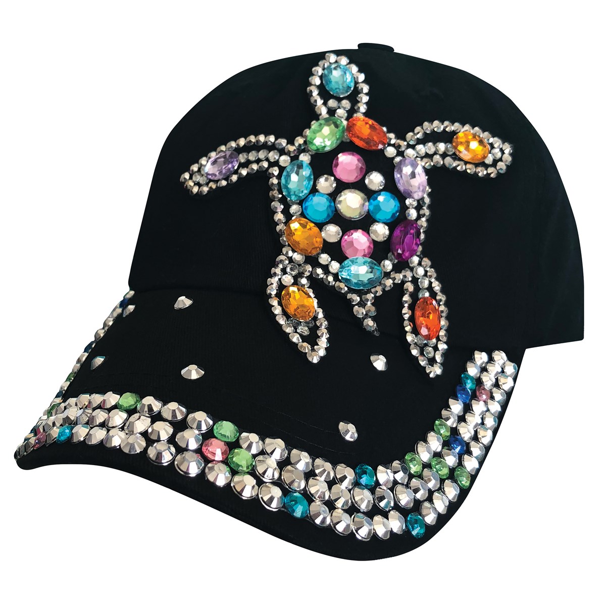 Turtle Rhinestone Black Twill Cotton Baseball Hat Collections Etc.