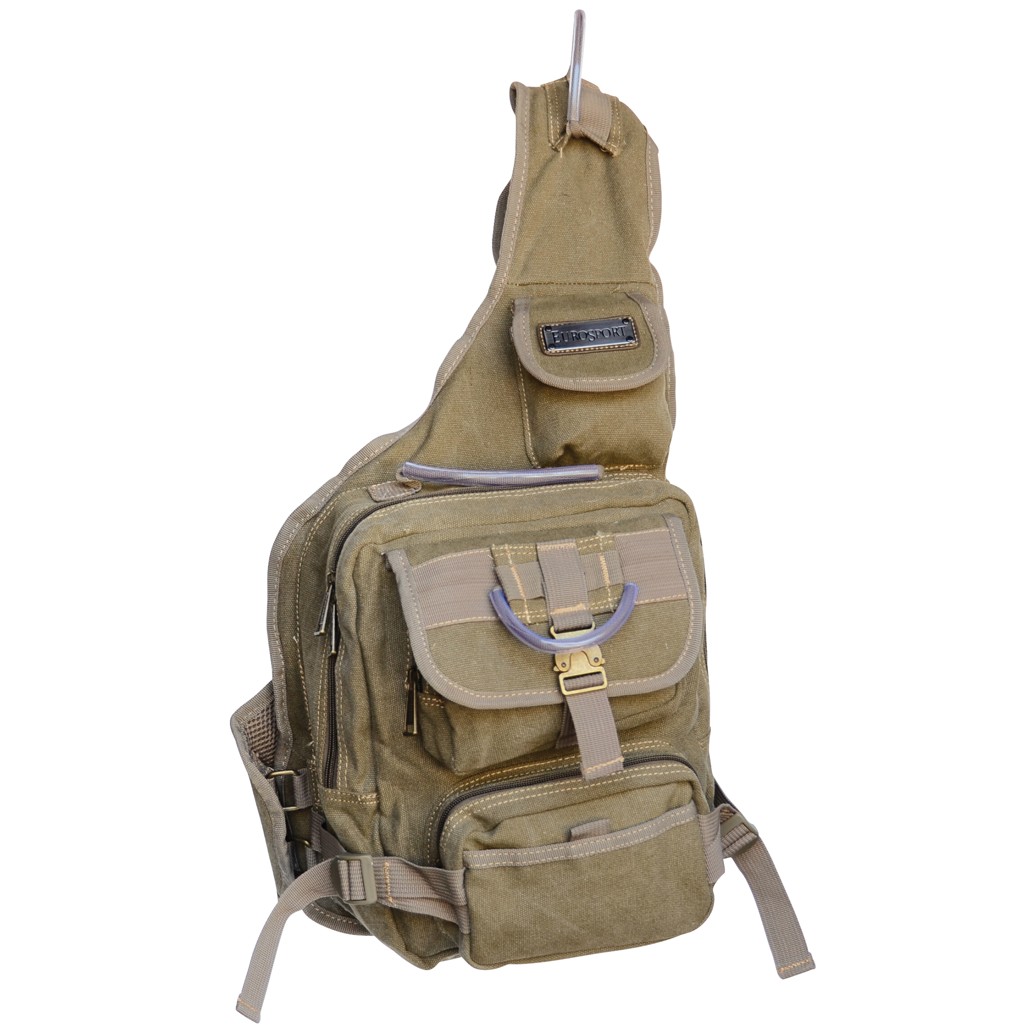 Adjustable Padded Back Panel Cross-Body Sling Day Backpack, Khaki