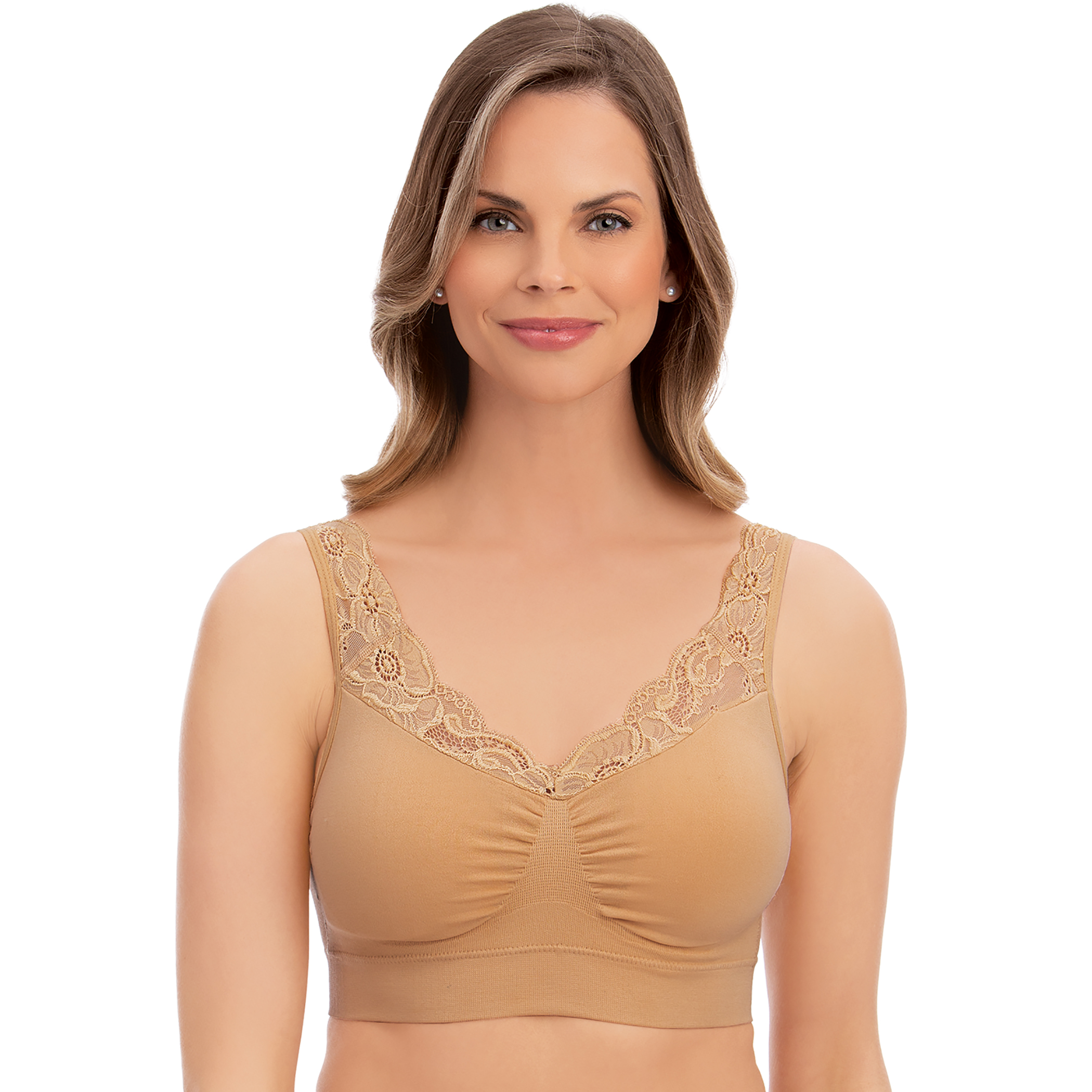 Seamless Stretch Non-Chafe Bra with Lace Trim | Collections Etc.