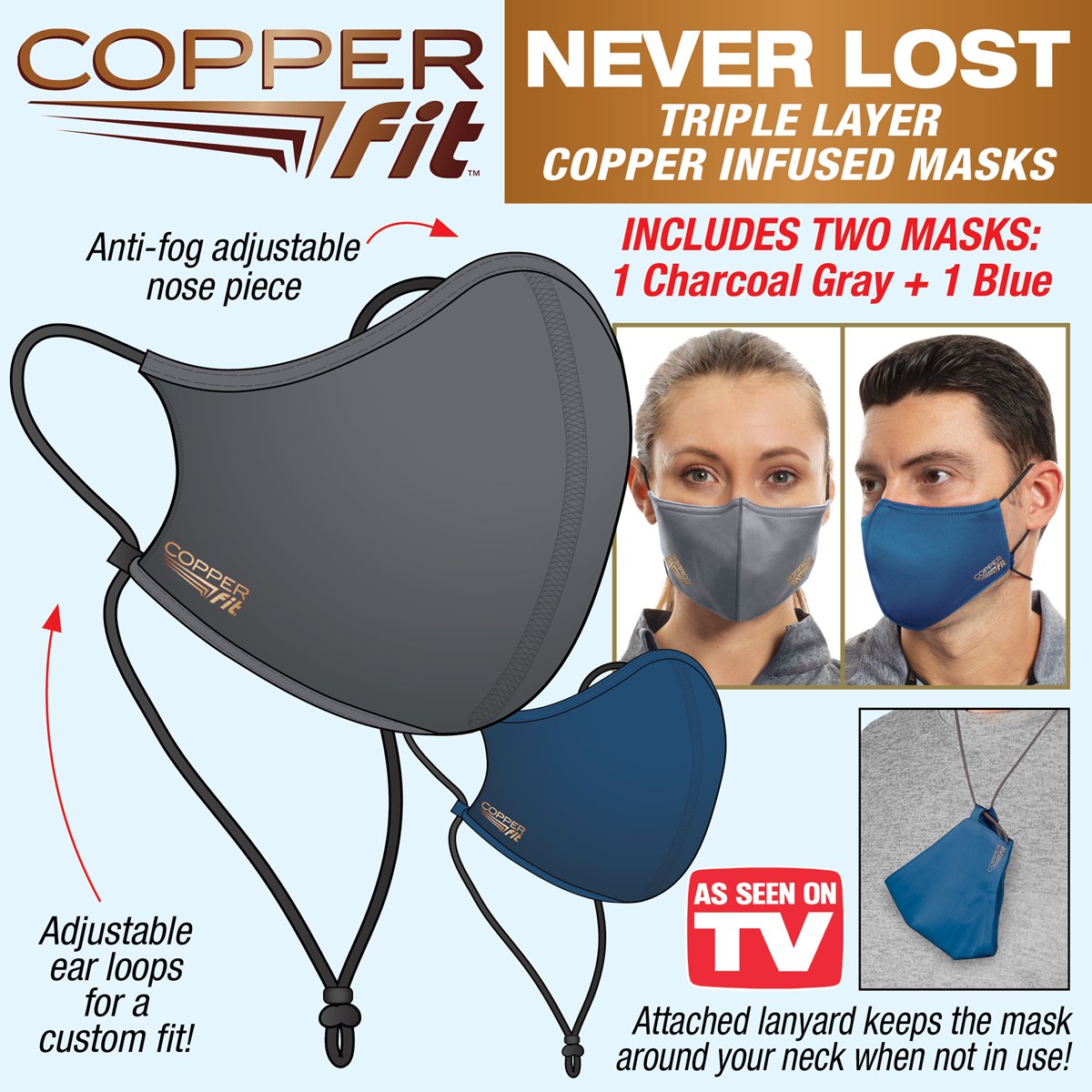 Copper Fit Never Lost Adjustable Face Masks 2Pack Collections Etc.