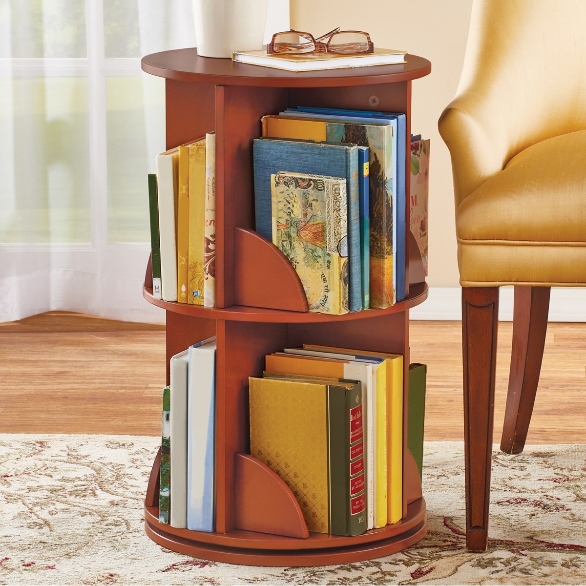 Round Rotating 2Level Wooden Storage Bookshelf Collections Etc.