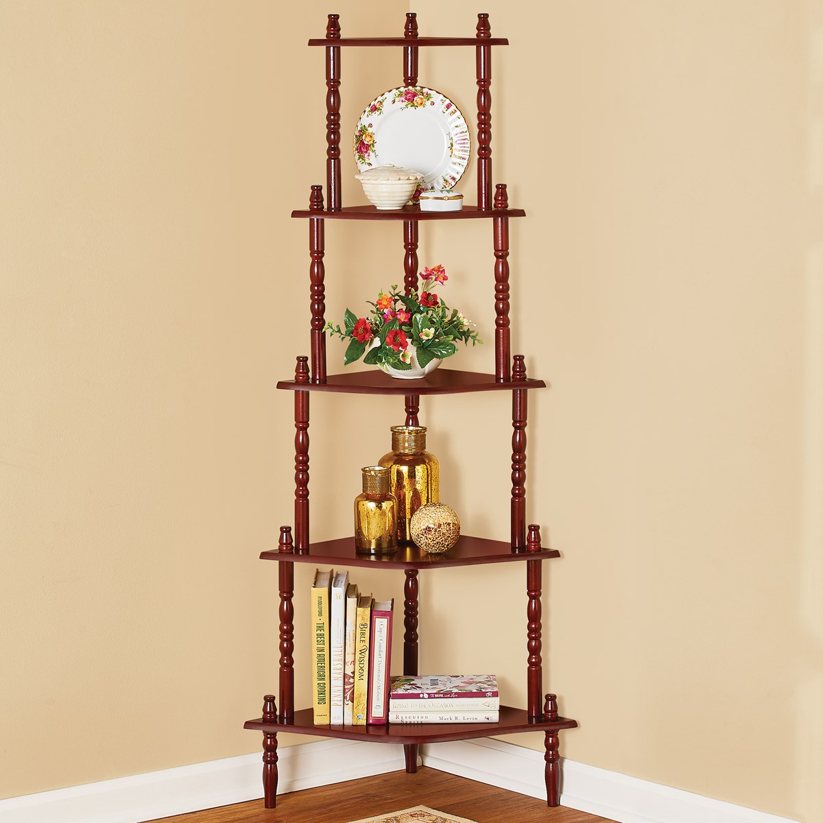 5Tier Cherry Finish Wood Free Standing Corner Shelf Unit Collections