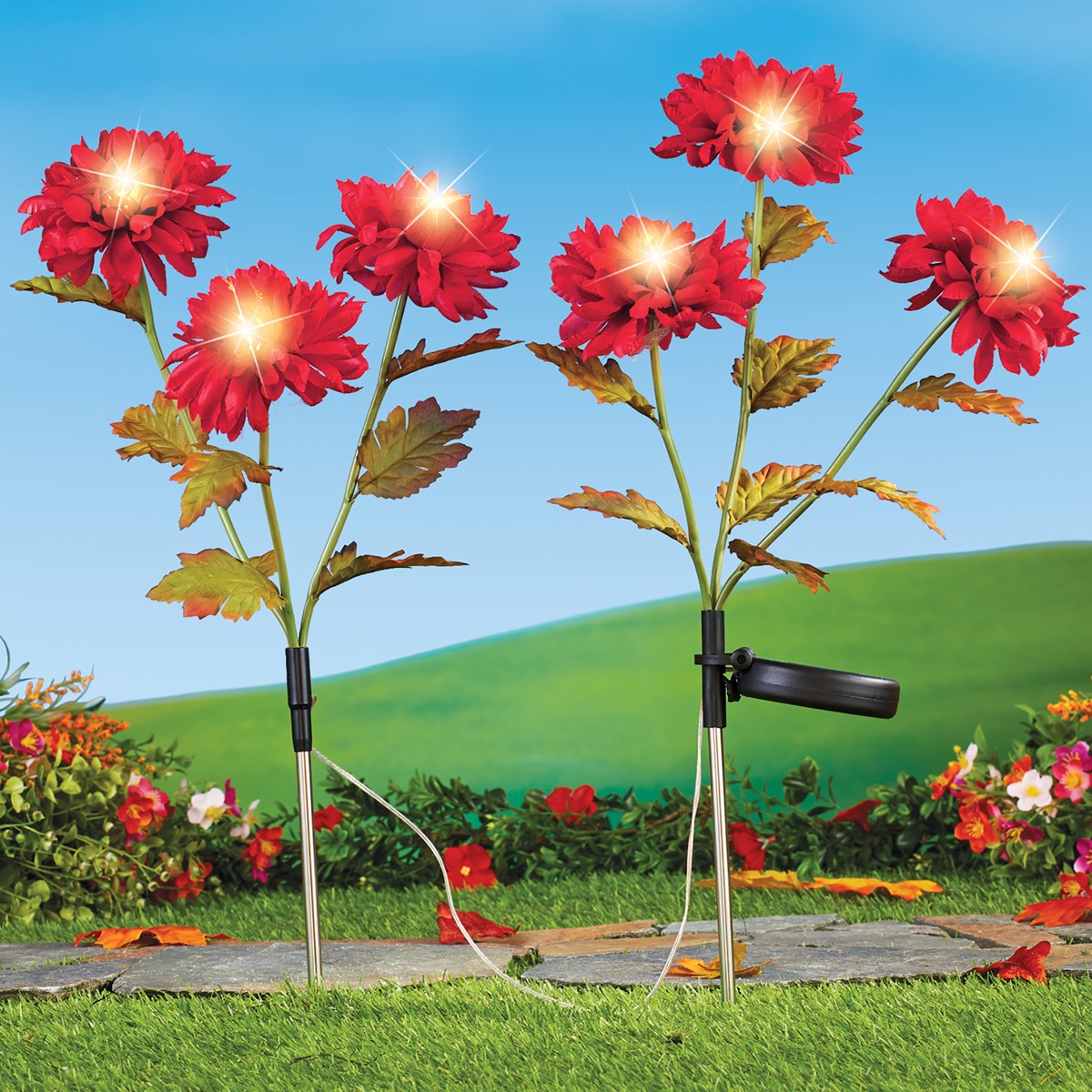 Solar Powered Artificial Mums Garden Stakes Set of 2 Collections Etc.