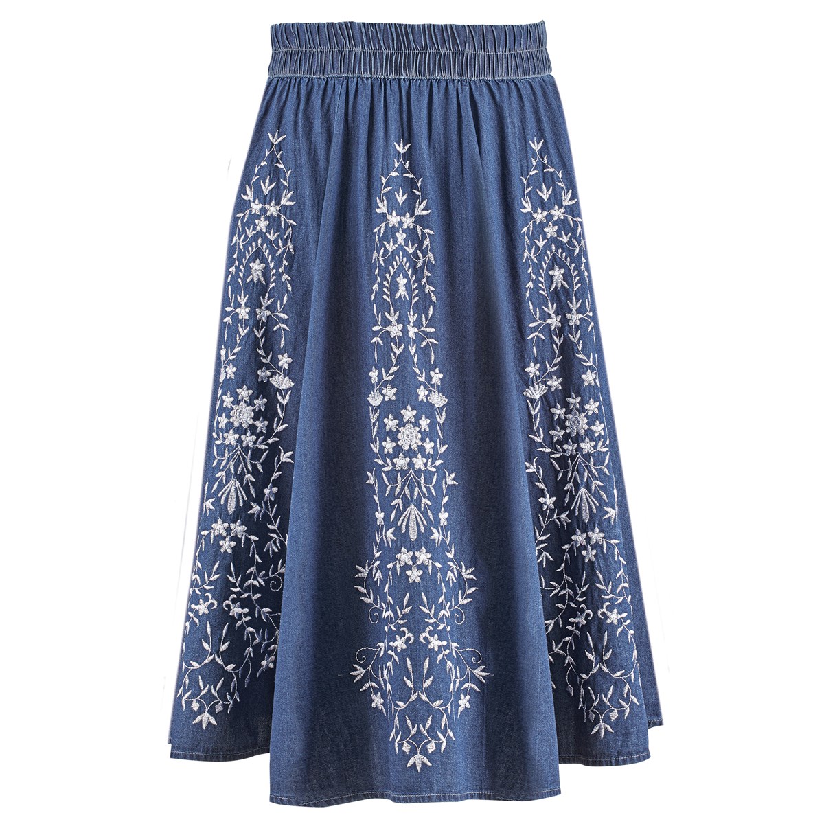Tonal Embroidered Elastic Waist Godet Denim Skirt Collections Etc.