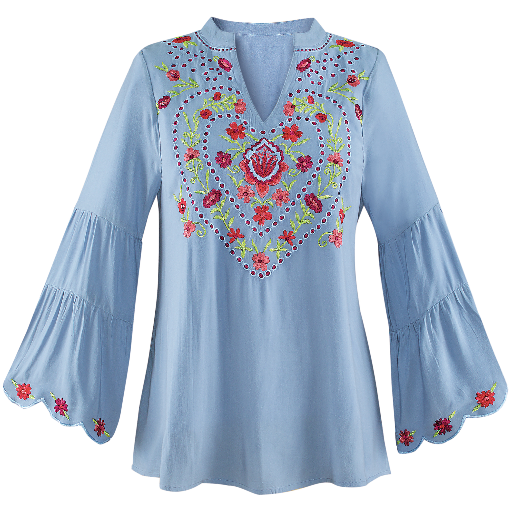 Feminine Embroidered Tunic Top with Long Tiered Bell Sleeves, Blue, Large