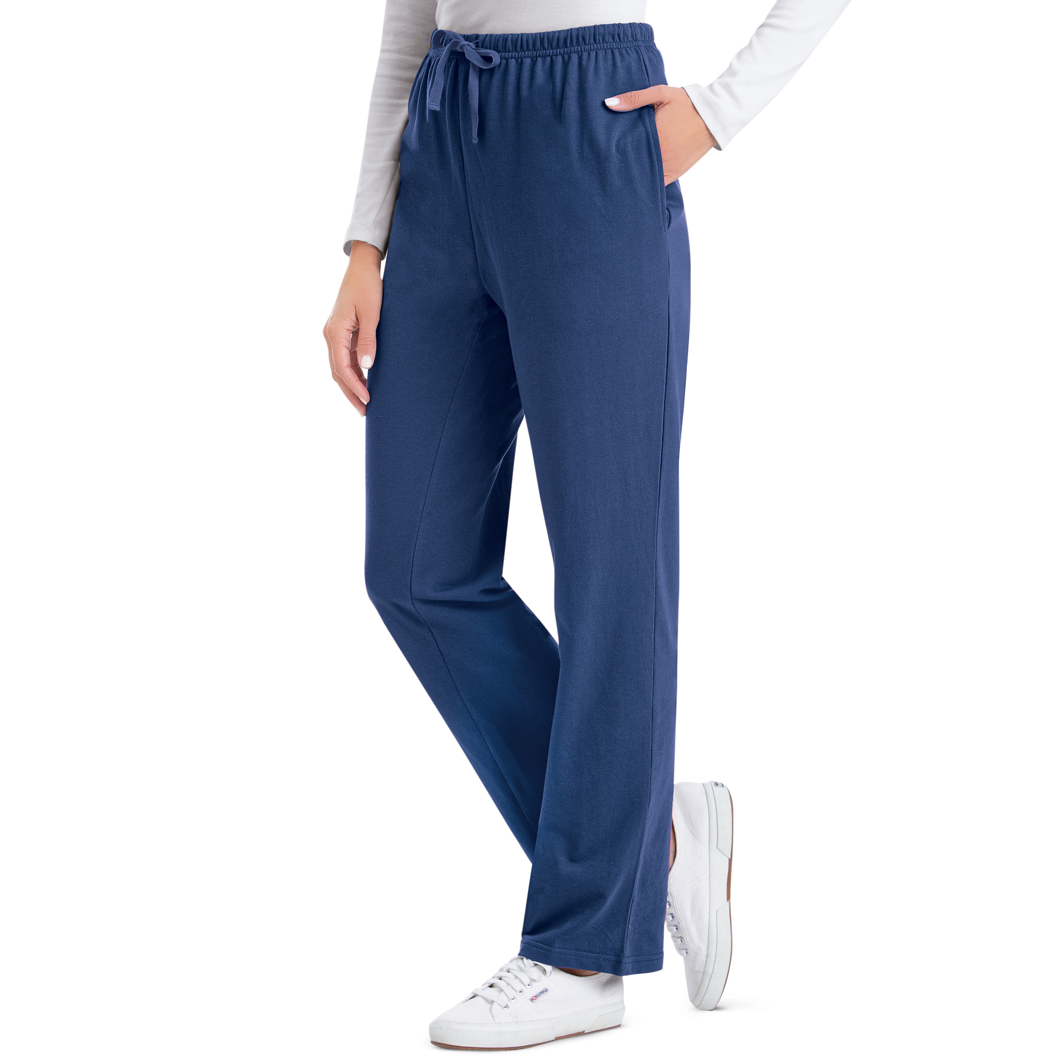 Comfortable Elastic Waist Cotton Drawstring Knit Pants, Navy, Large