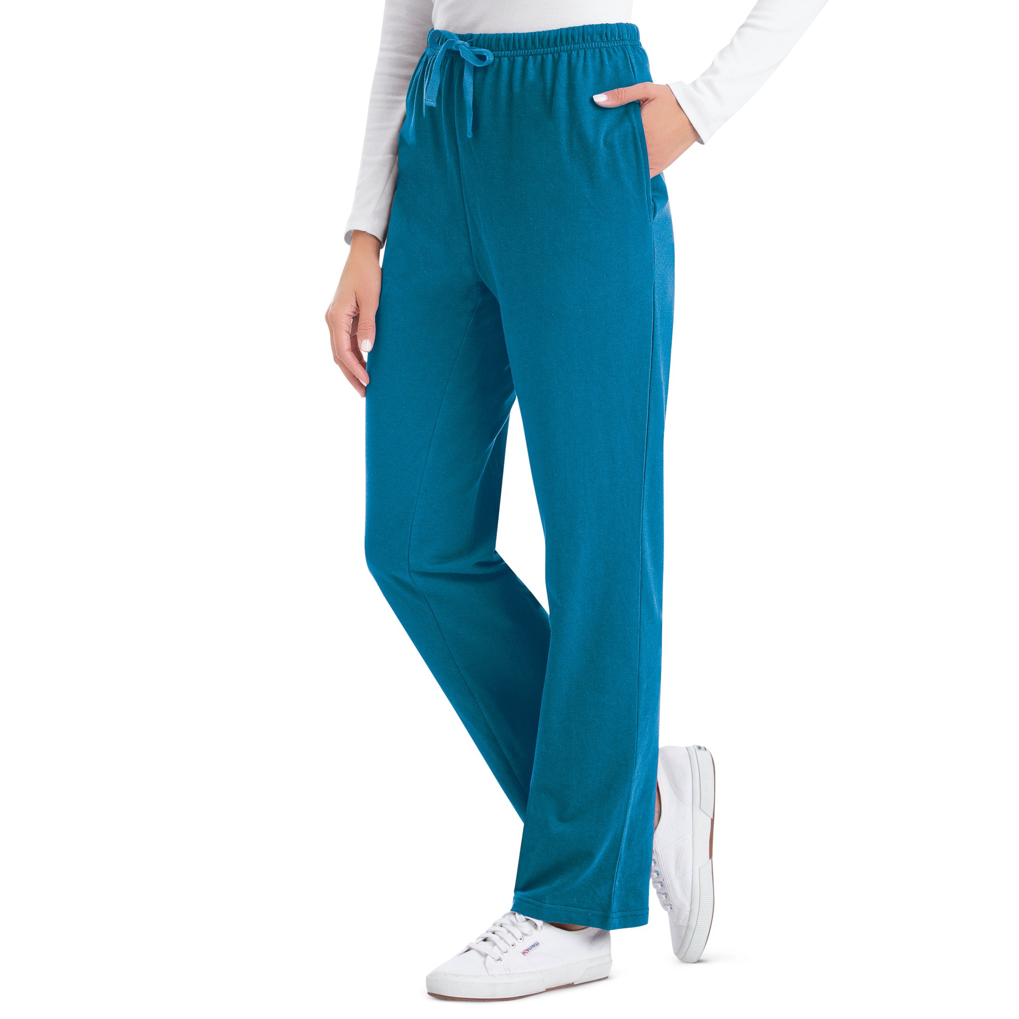 Women's Comfortable Elastic Waist Cotton Drawstring Knit Pants Teal X-Large