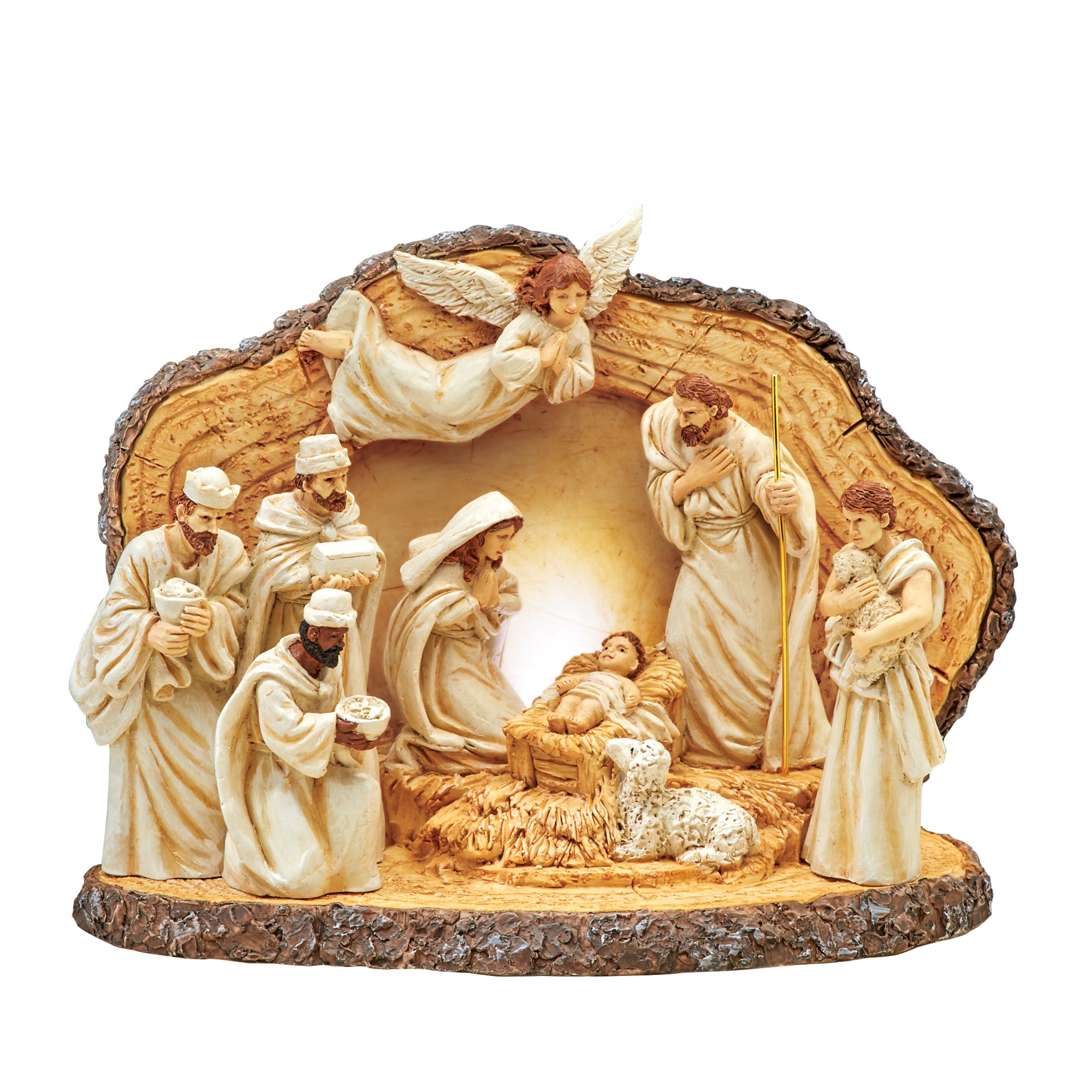 Hand Painted Lighted Rustic Tabletop Nativity Scene 6.75 X 3 X 5