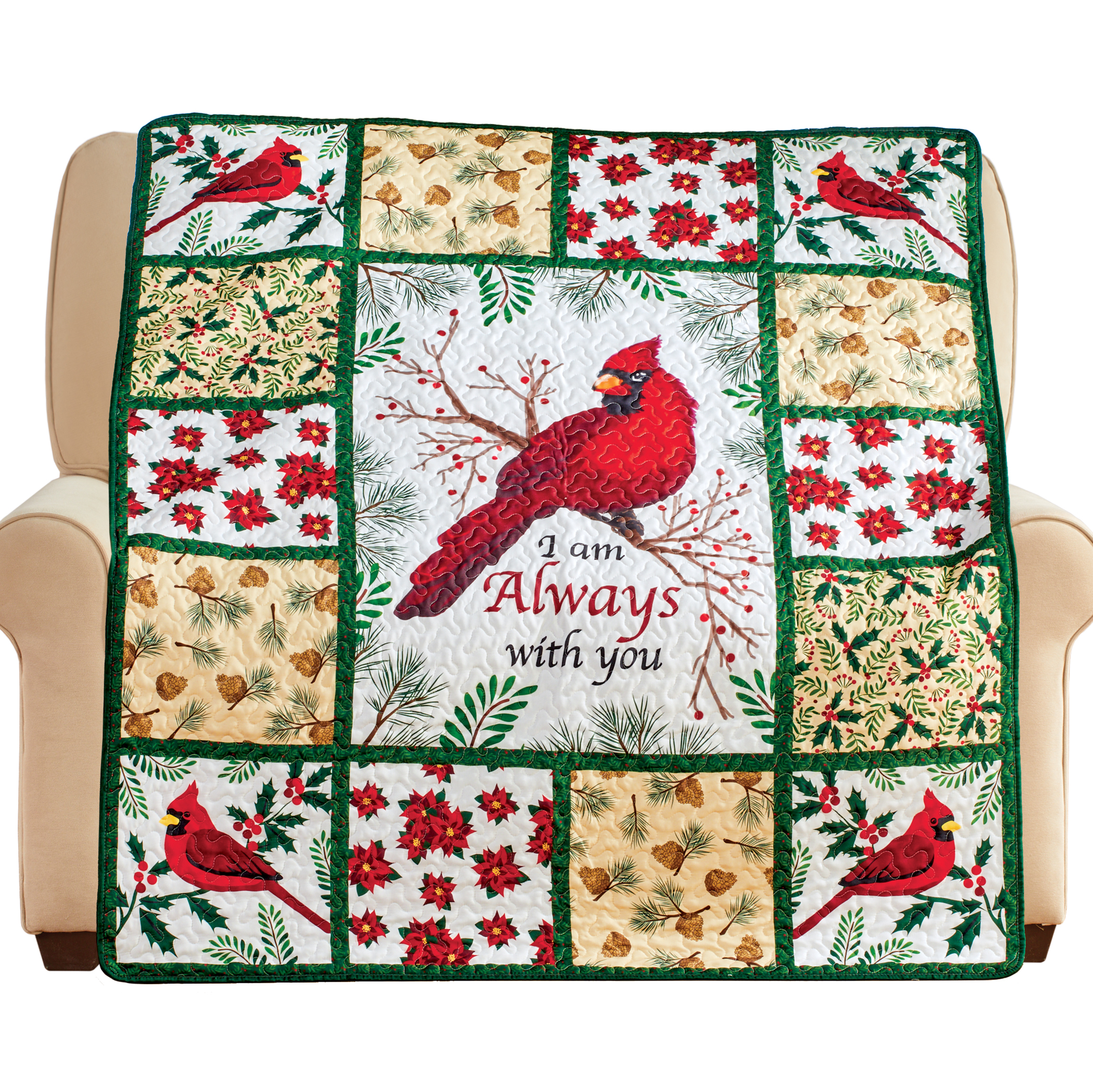 Cardinals & Festive Floral Patchwork Quilted Throw Blanket 60" x 50" x 0.14", 60" x 50" x 0.14"