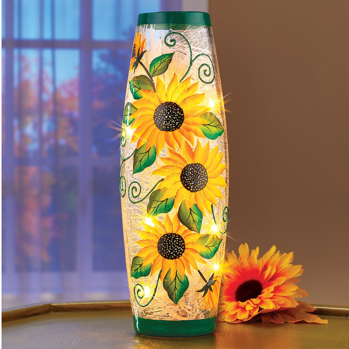 Sunflowers LED Light Crackled Glass Hurricane Lamp Collections Etc.