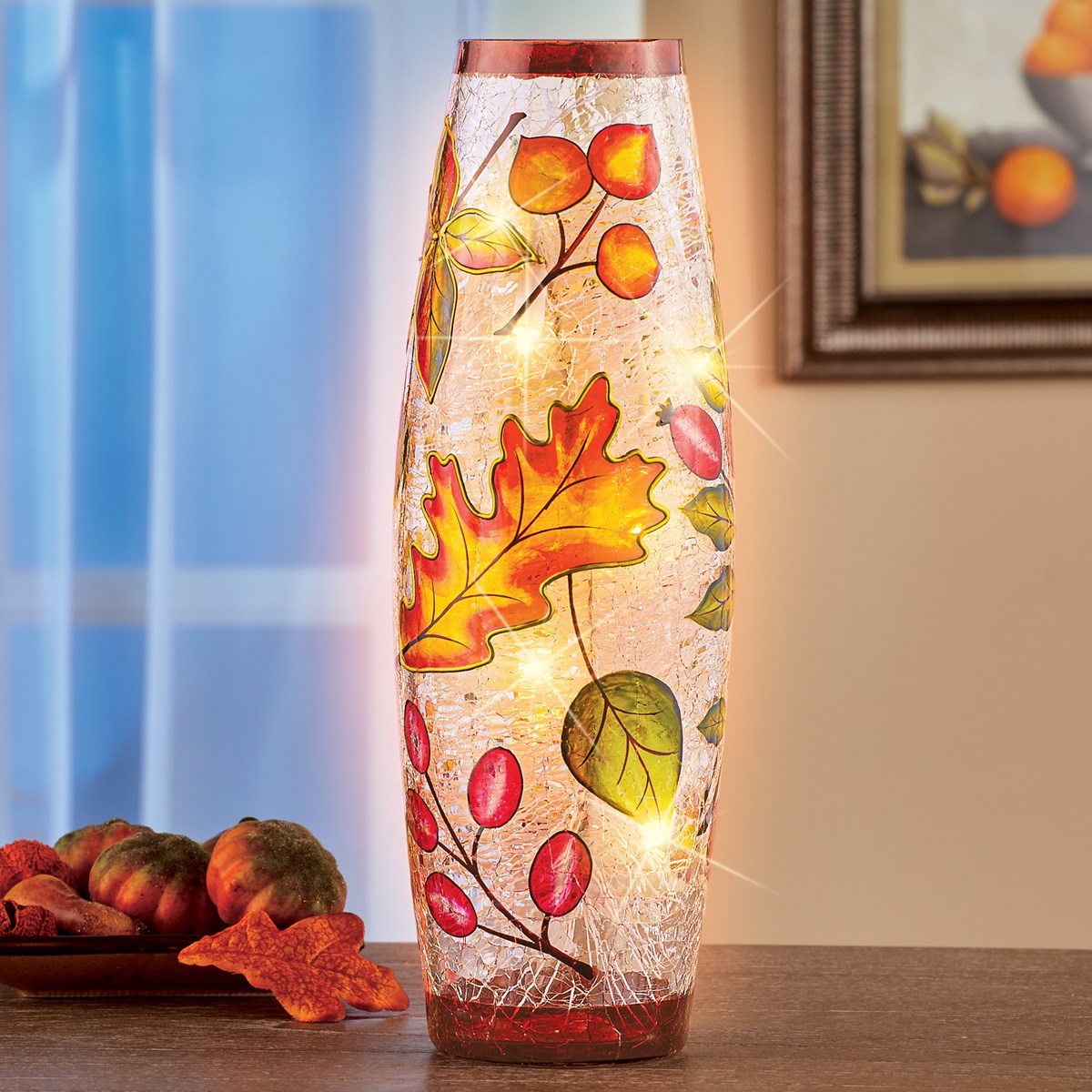 Hand Painted Autumn Leaves Crackled Glass Table Lamp Collections Etc.