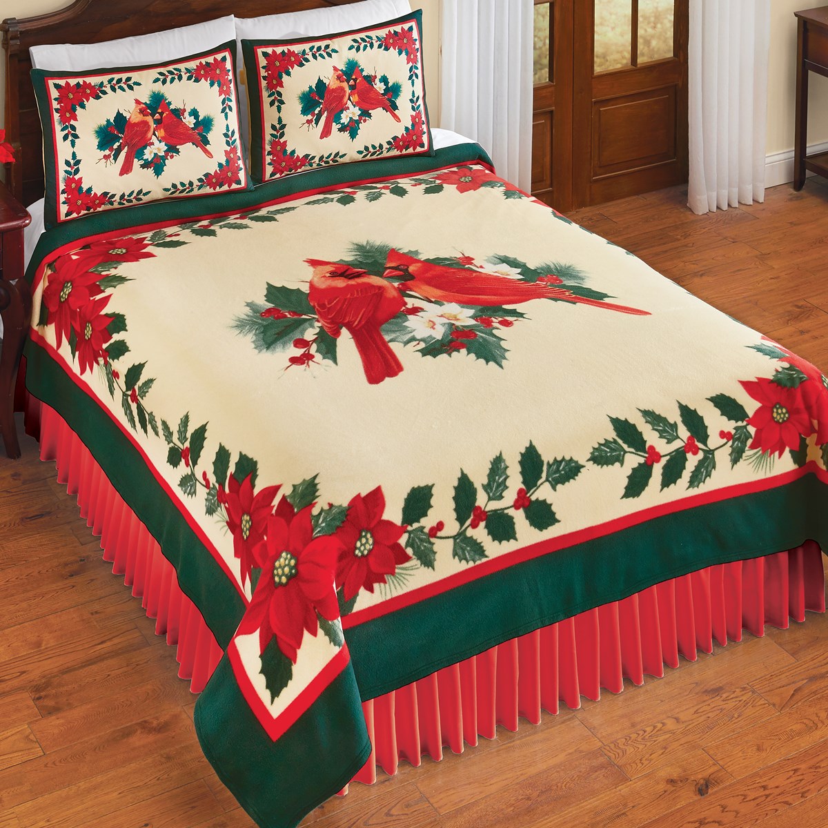 Cardinals & Poinsettia Ultra Soft Fleece Coverlet Collections Etc.