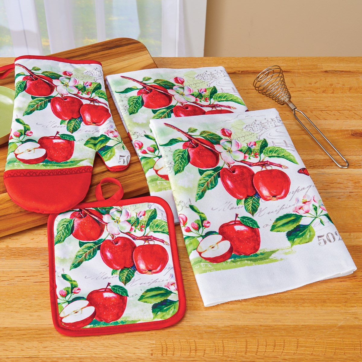 4Piece Oven Mitt, Pot Holder & Dish Towel Apple Kitchen Set