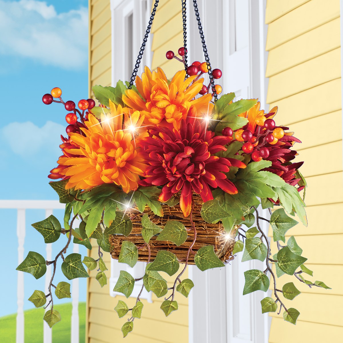 LED Lighted Colorful Mum and Ivy Accent Hanging Basket Collections Etc.