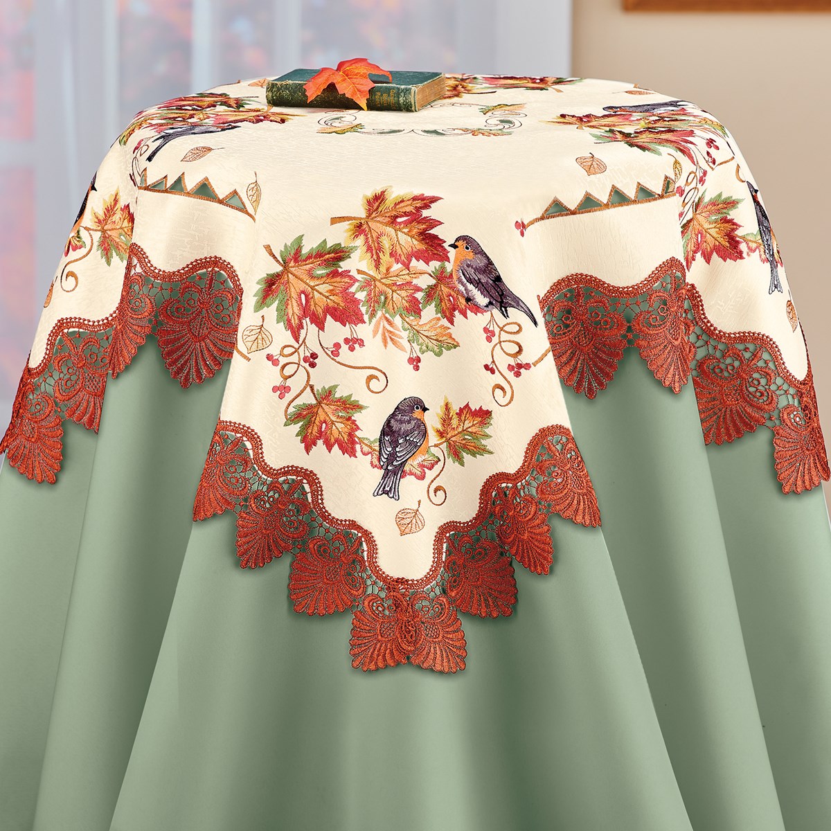 Embroidered Fall Birds and Leaves Lace Table Linens Collections Etc.