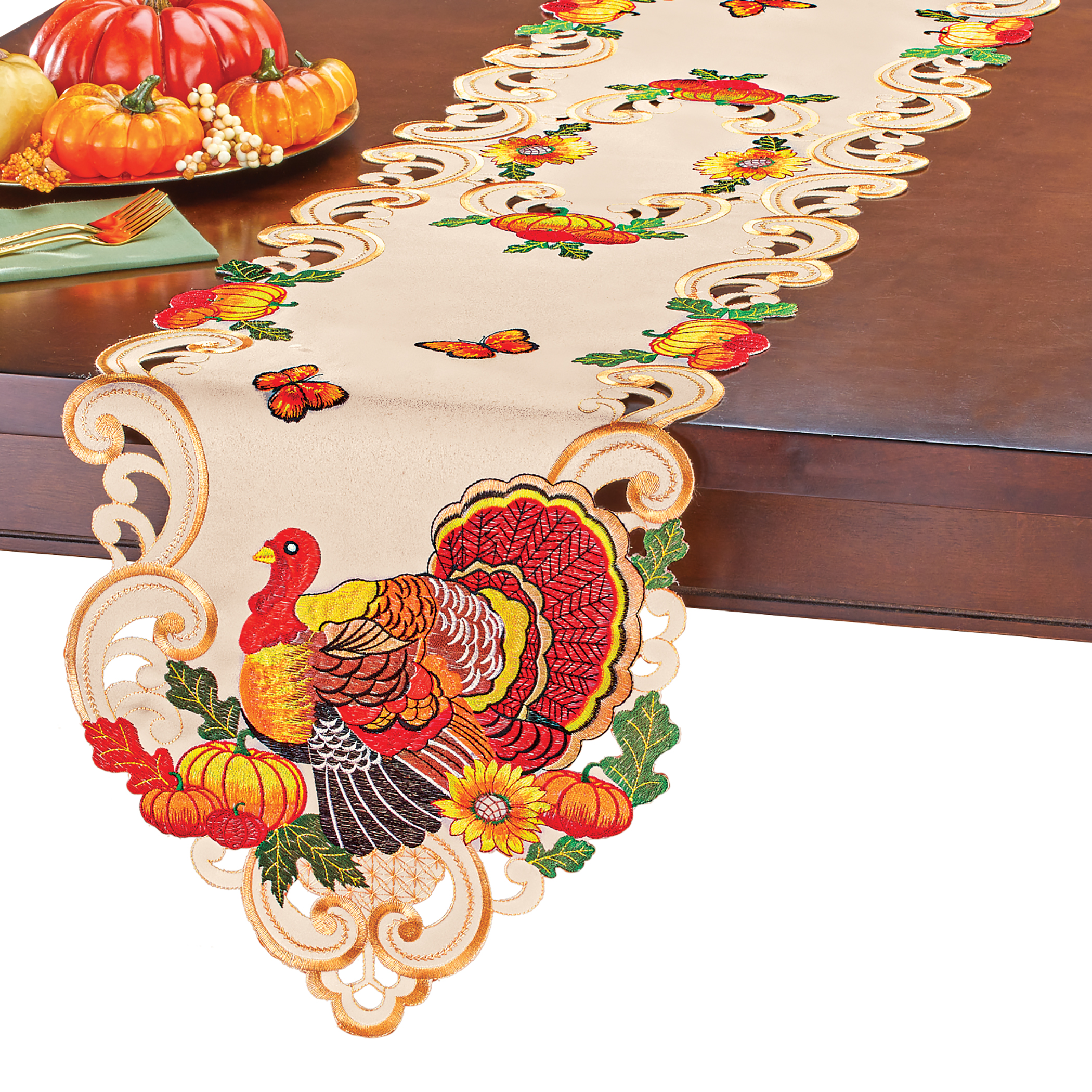 Embroidered, Scalloped Edge Thanksgiving Turkeys Table Linens