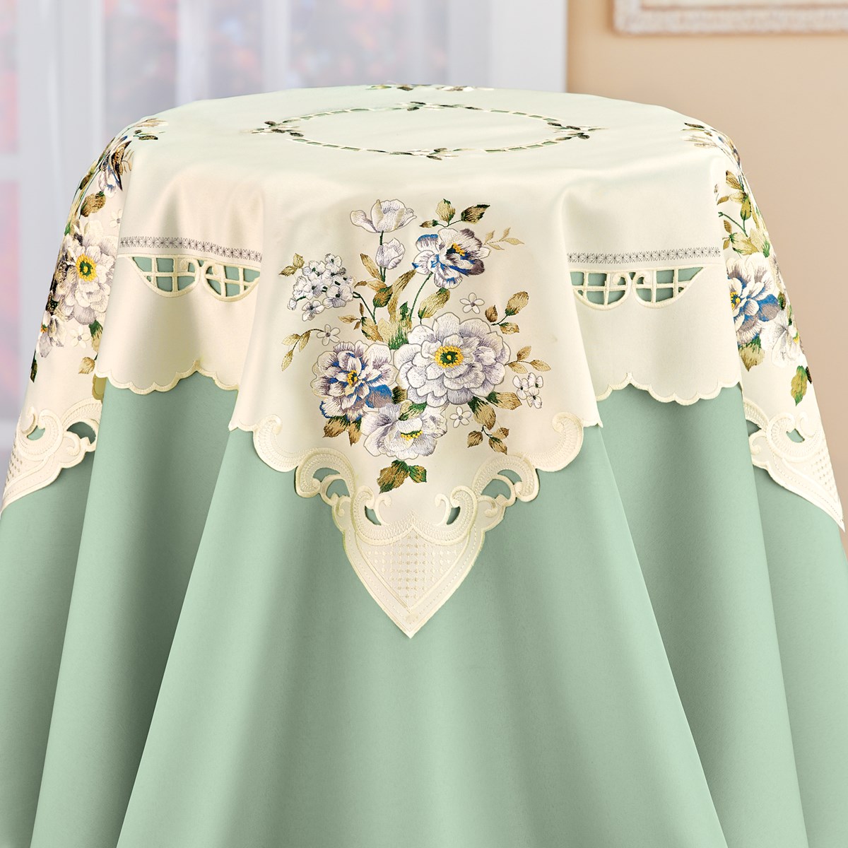 Embroidered Scrolling Dainty Wildflowers Cream Table Linens Collections Etc.