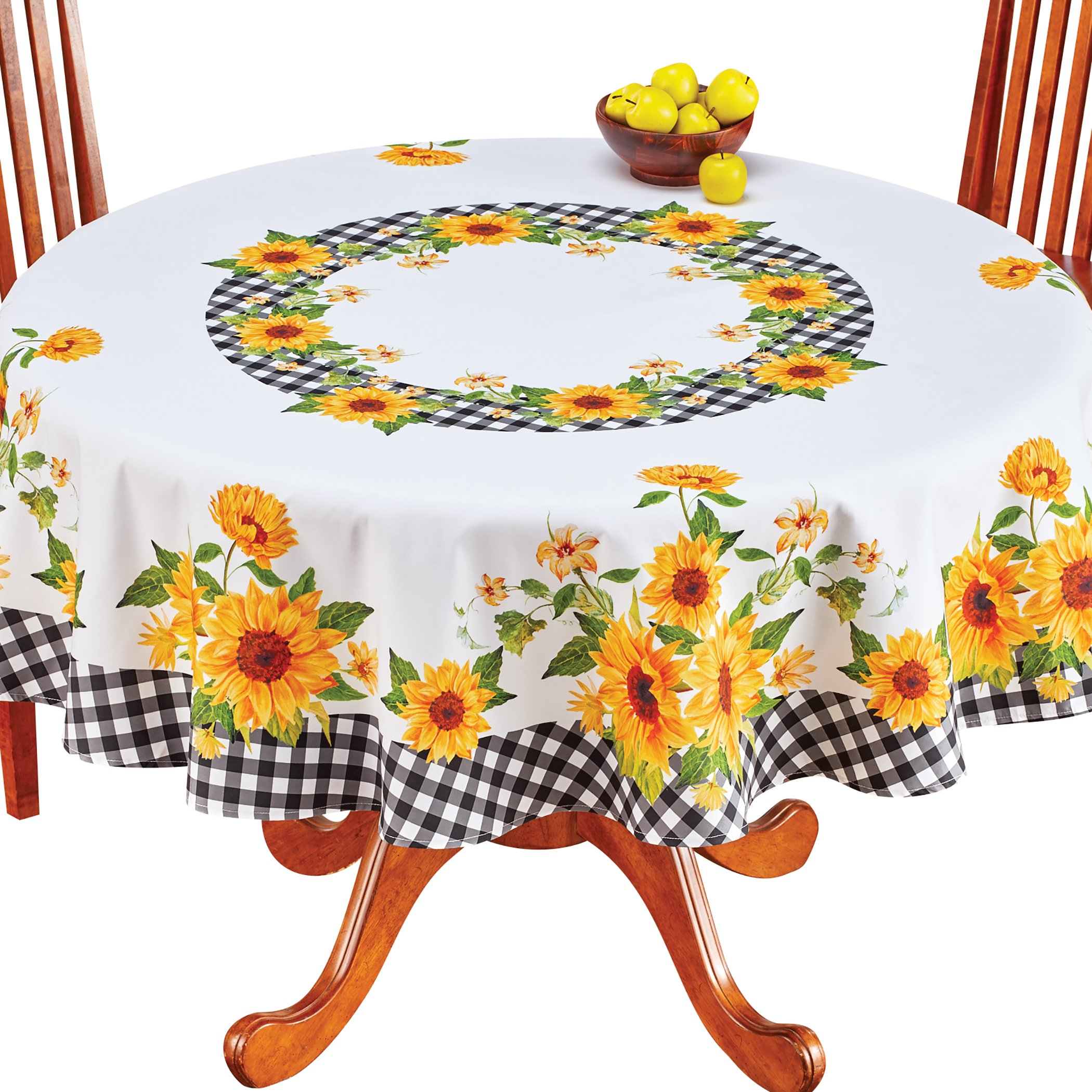 Cheerful Sunflowers with Black & White Plaid Tablecloth, Round