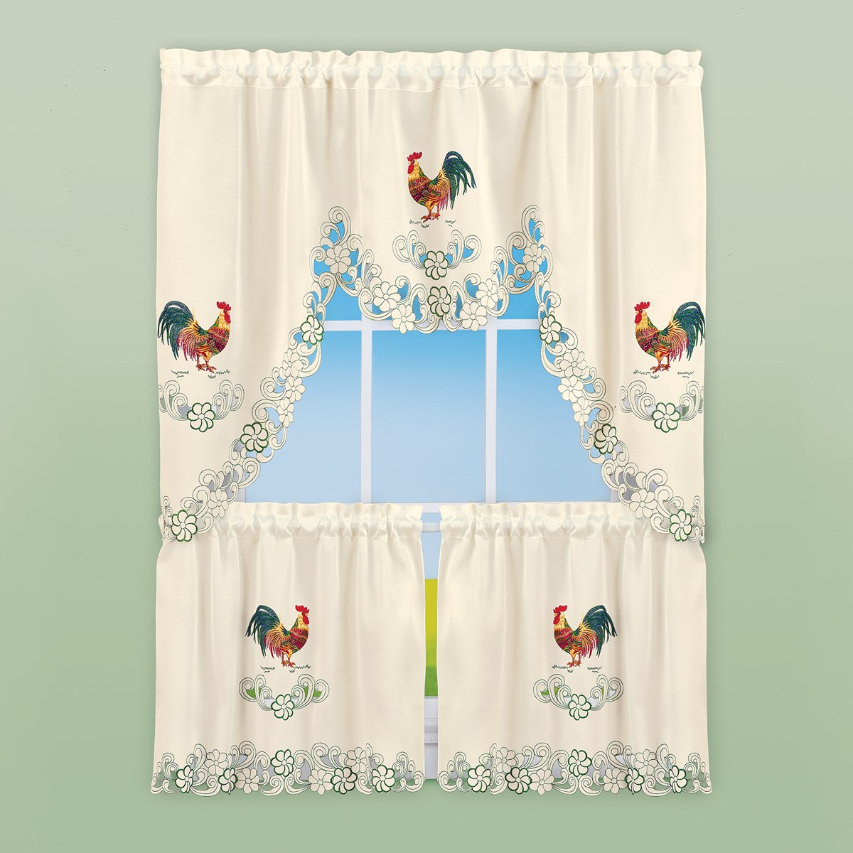 Rooster Embroidered Kitchen Window Curtains Collections Etc.