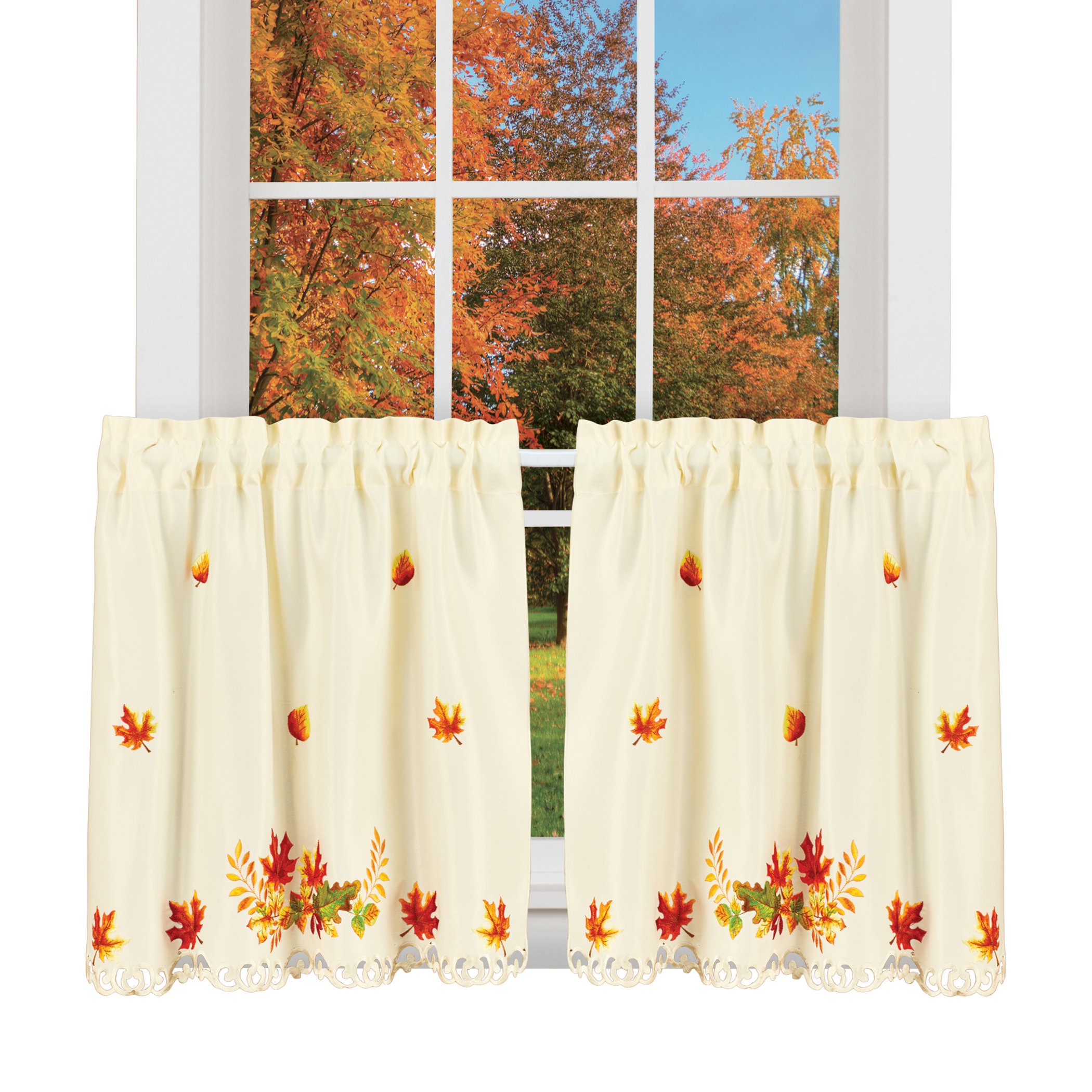 Embroidered Scrolling Autumn Leaves Window Curtains