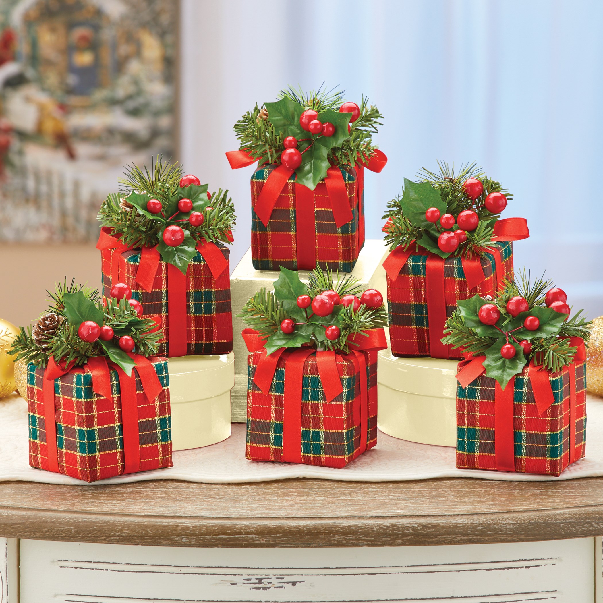 Wrapped Decorative Holiday Gift Boxes - Set of 6  Collections Etc.