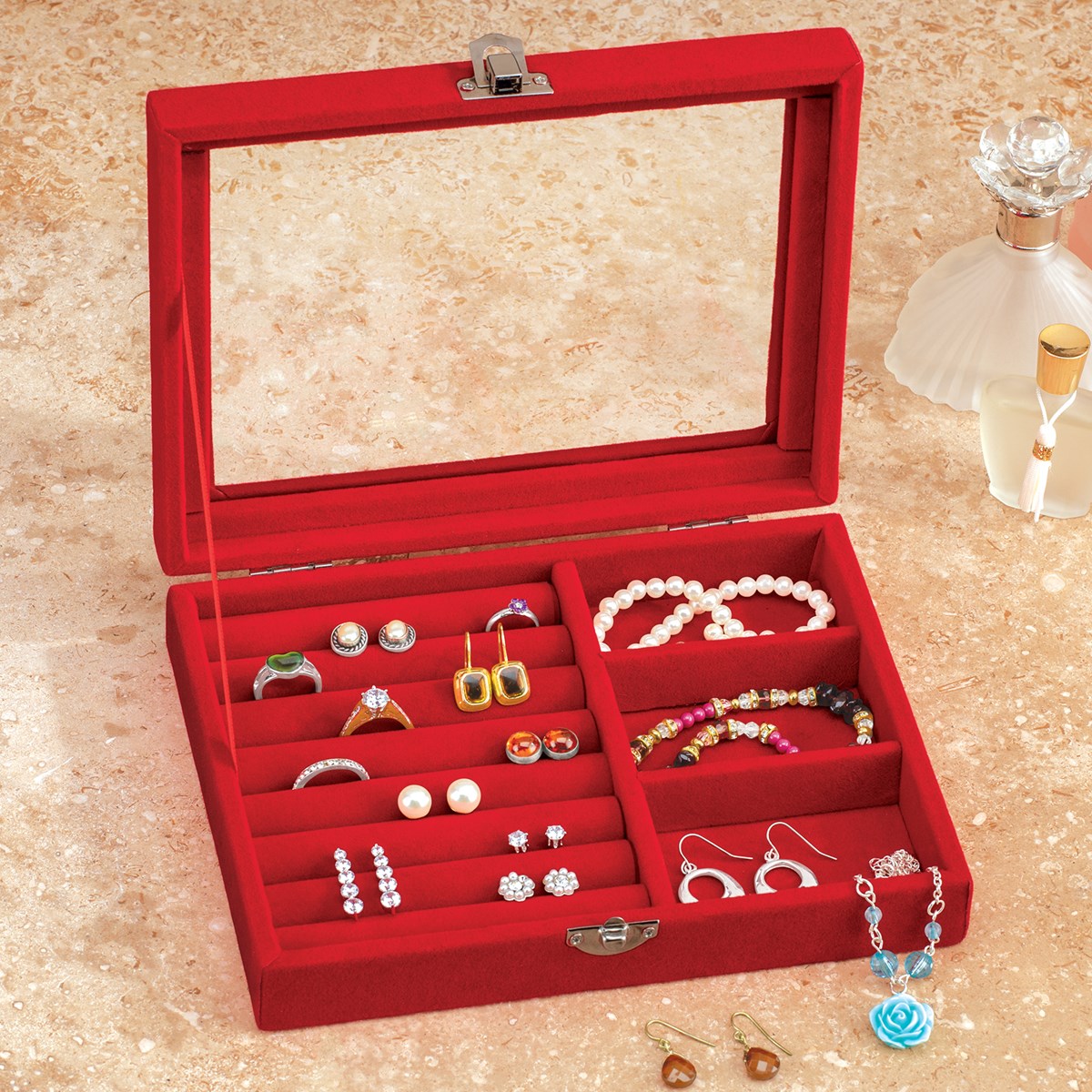 Lovely Red Felt Lining Jewelry Box with SeeThrough Window