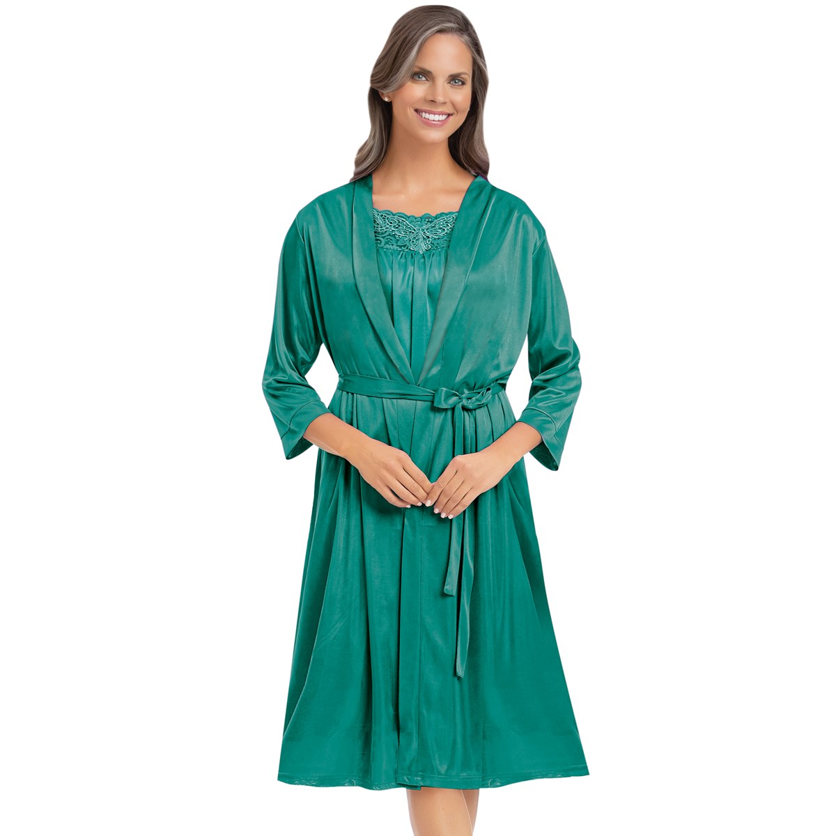 Beautiful Lace Trim Silky WrapAround Long Sleeve Robe Collections Etc.