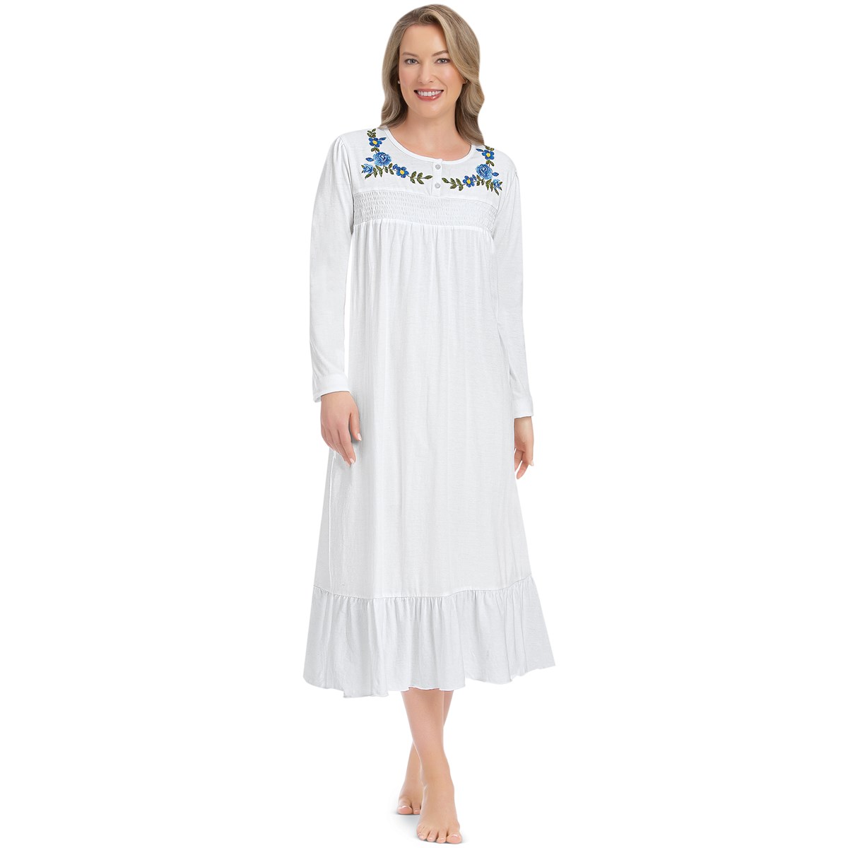 Floral Embroidered & Smocked Long Sleeve Cotton Knit Nightgown