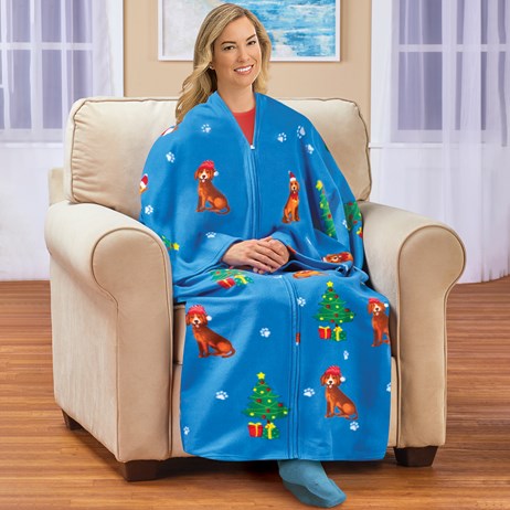 Christmas Dog Soft Fleece Zippered Cuddle Wrap Blanket