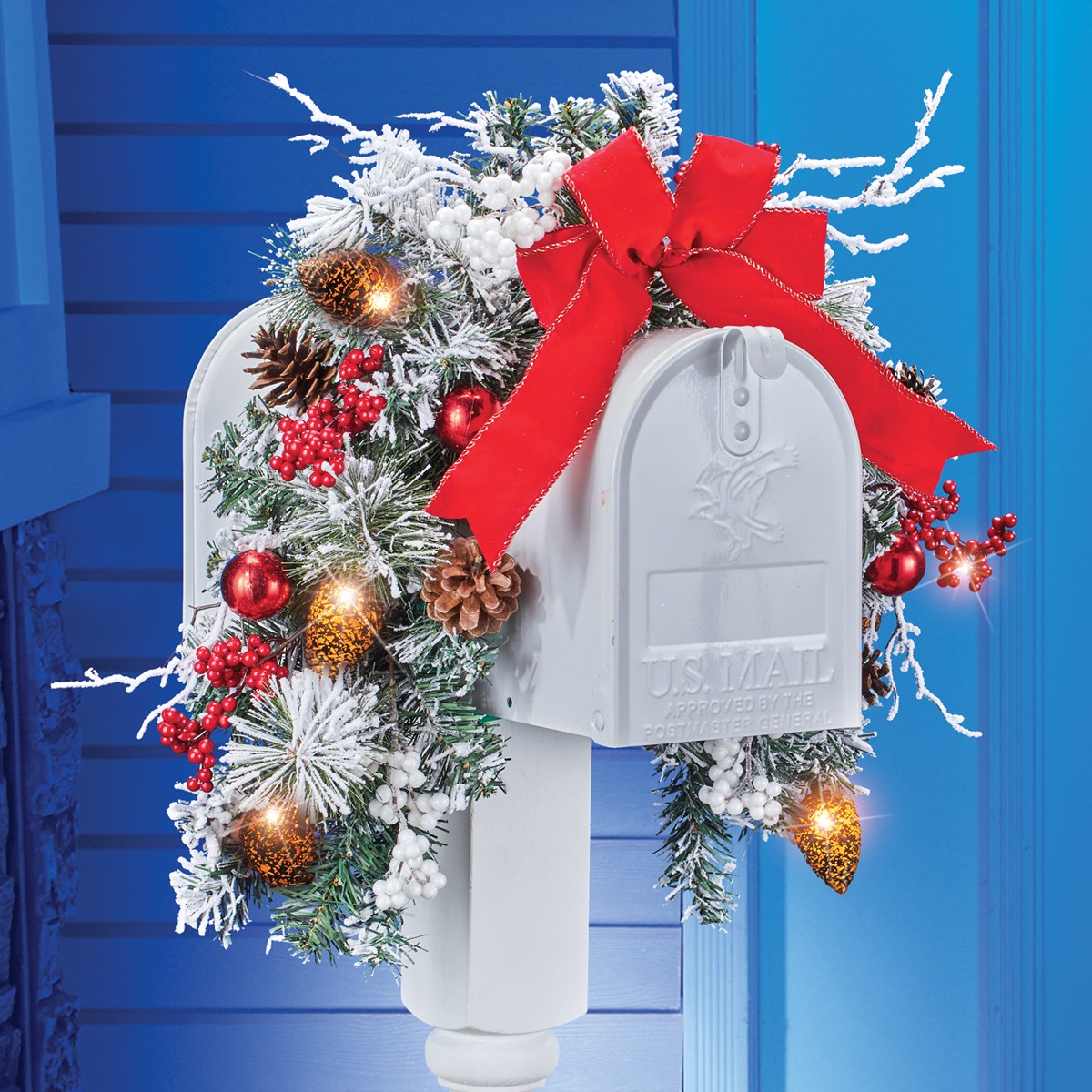 Frosted Pine Holiday Mailbox Swag with Solar LED Lights Collections Etc.