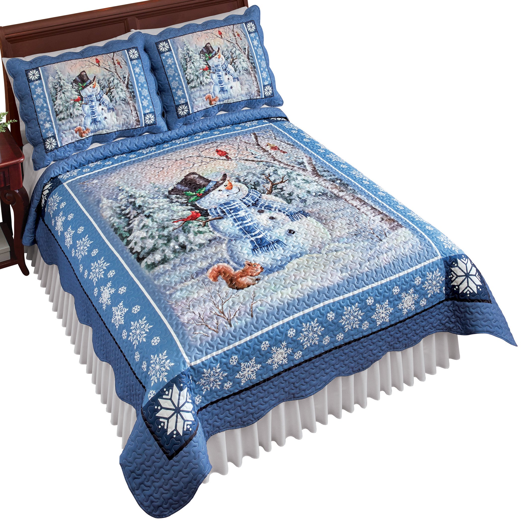Charming Blue Snowman Scene and Blue Border Quilt | Machine Washable Polyester | Scalloped Edges | Twin, Full, King, Queen Sizes | Sha
