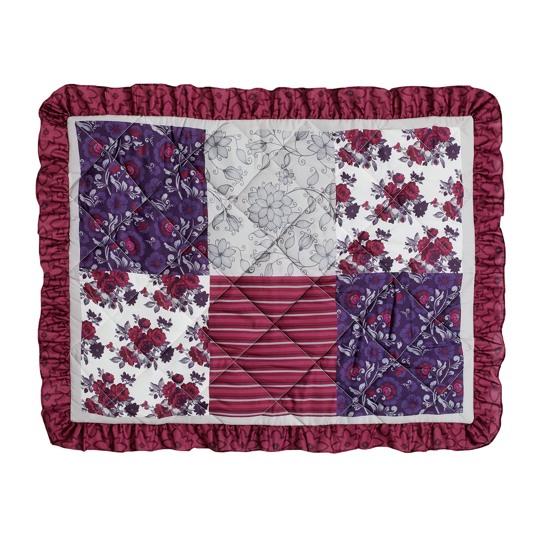 Patchwork Style Quilted and 3-Tier Ruffled Pillow Sham Sham Burgundy Multi