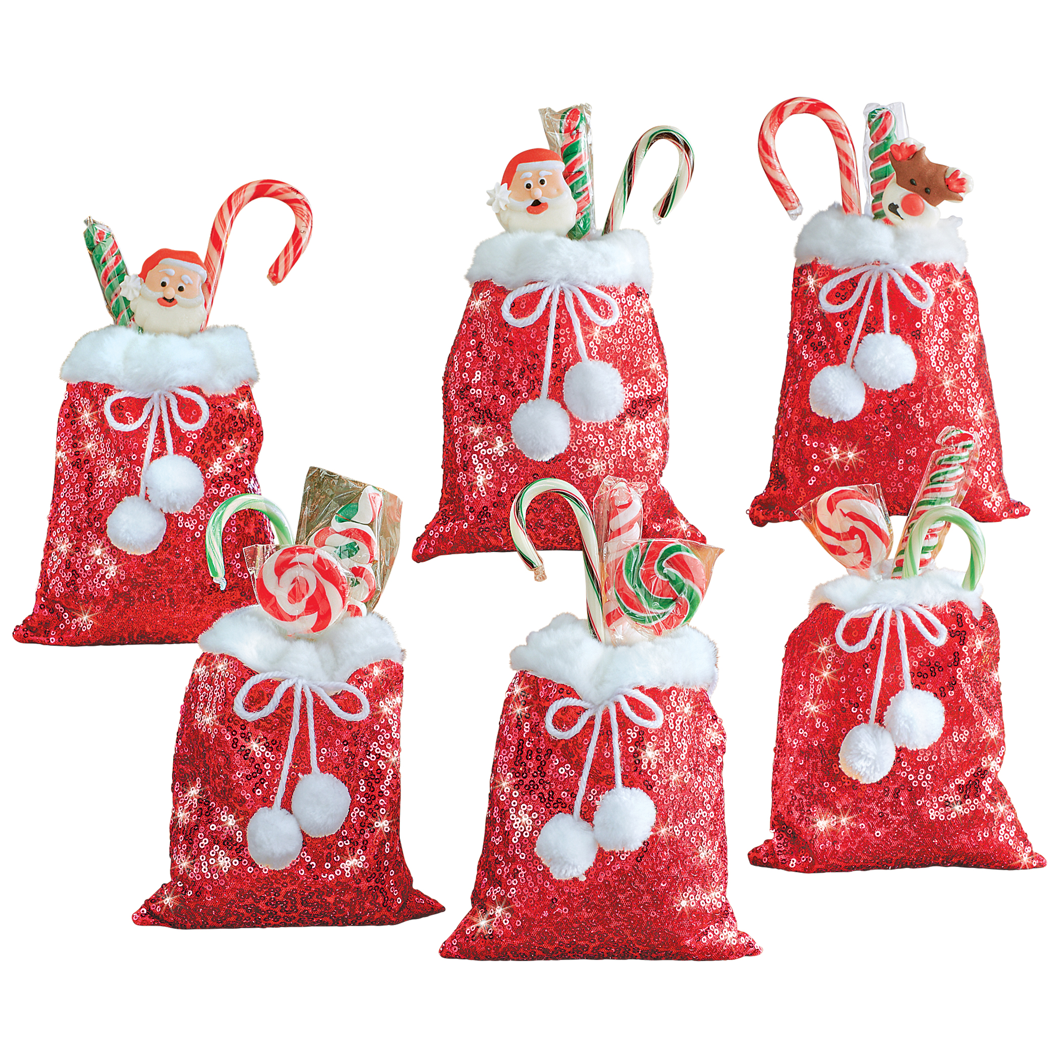 Sparkling Sequin Santa Gift Sack-Style Treat Bags - Set of 6 Red