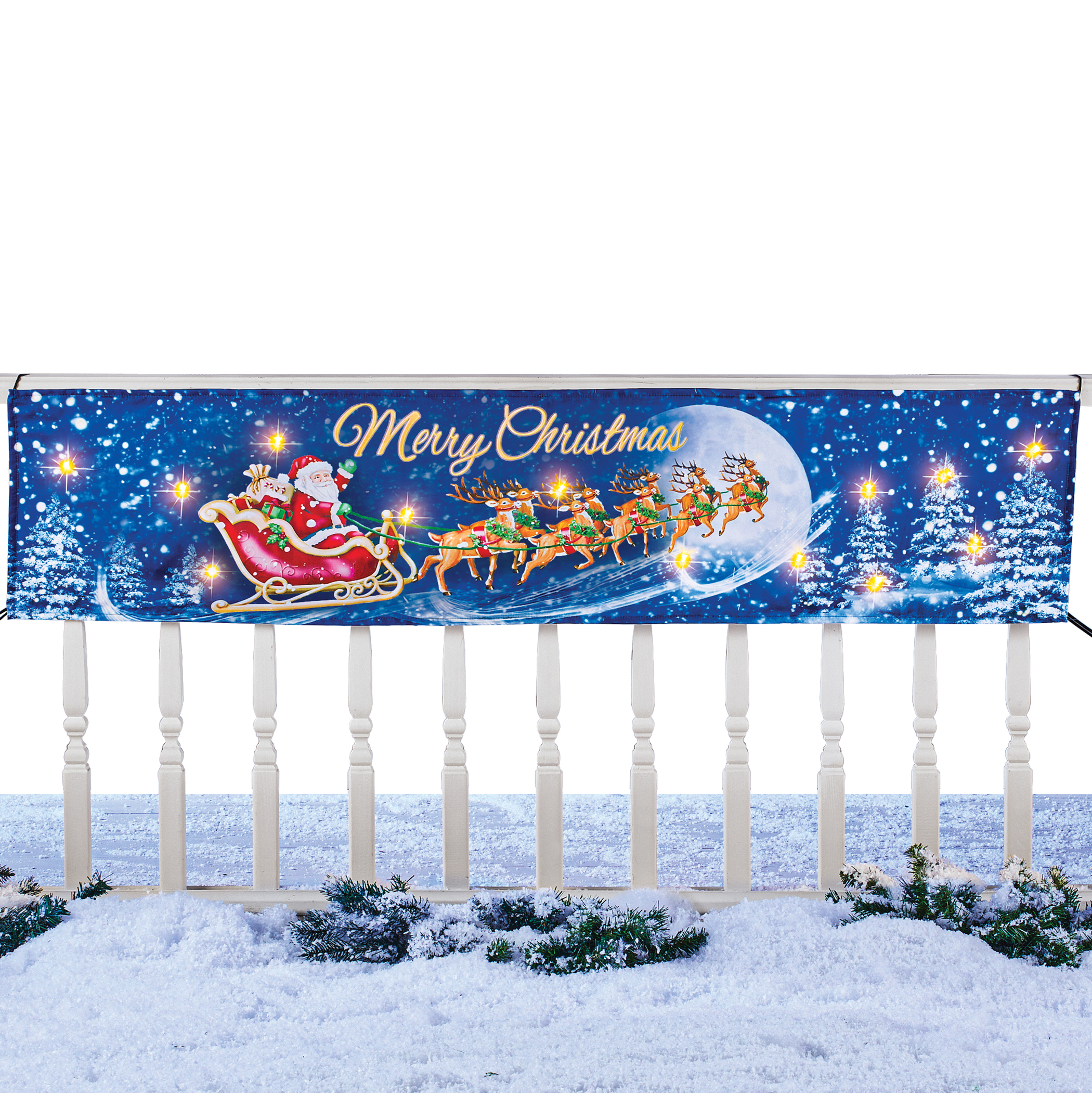 LED Lighted "Merry Christmas" Santa Claus Sleigh Banner