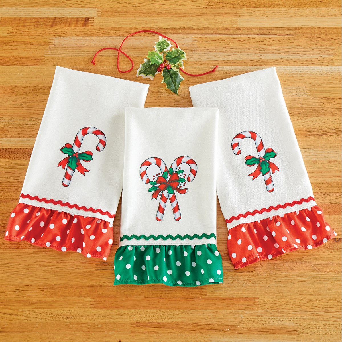 Festive Candy Cane Kitchen Hand Towels Set of 3 Collections Etc.