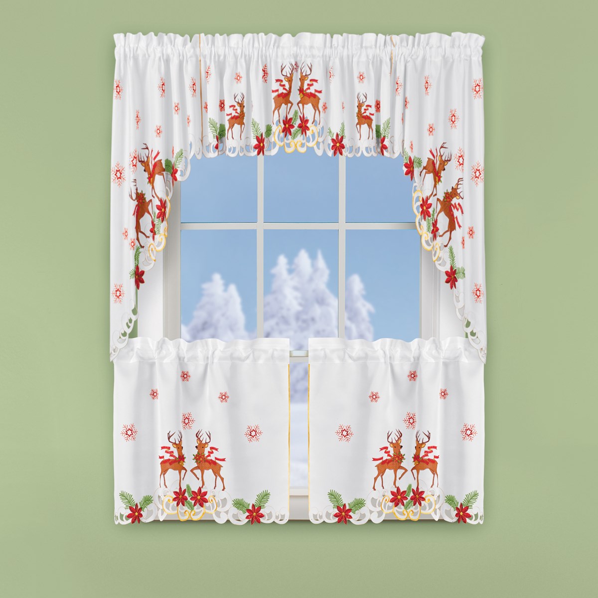 Embroidered Christmas Reindeer Window Curtains Collections Etc.