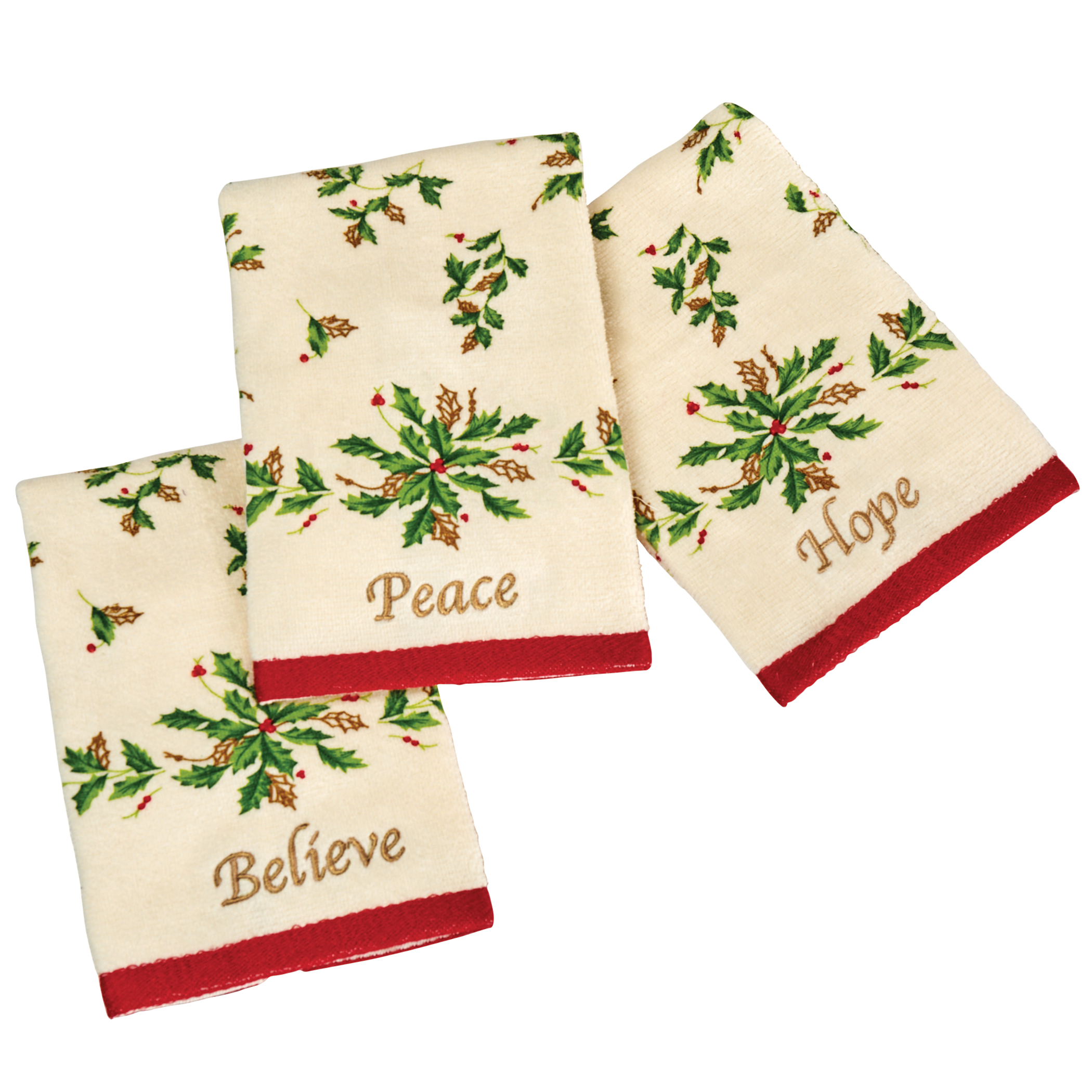 Inspirational Holly Leaves Fingertip Ivory Towels - Set of 3