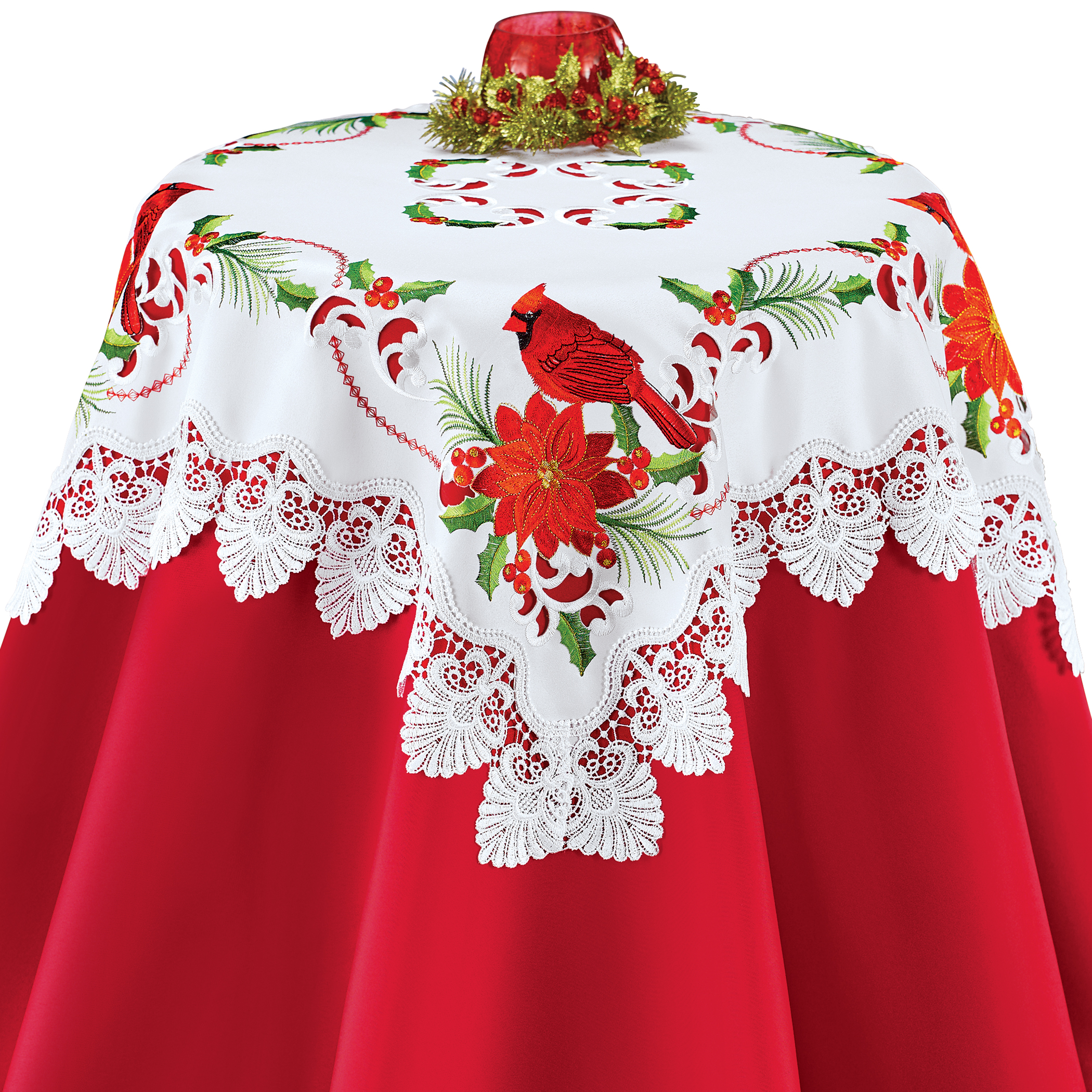 Embroidered Holiday Cardinals and Poinsettia Table Linens, Square